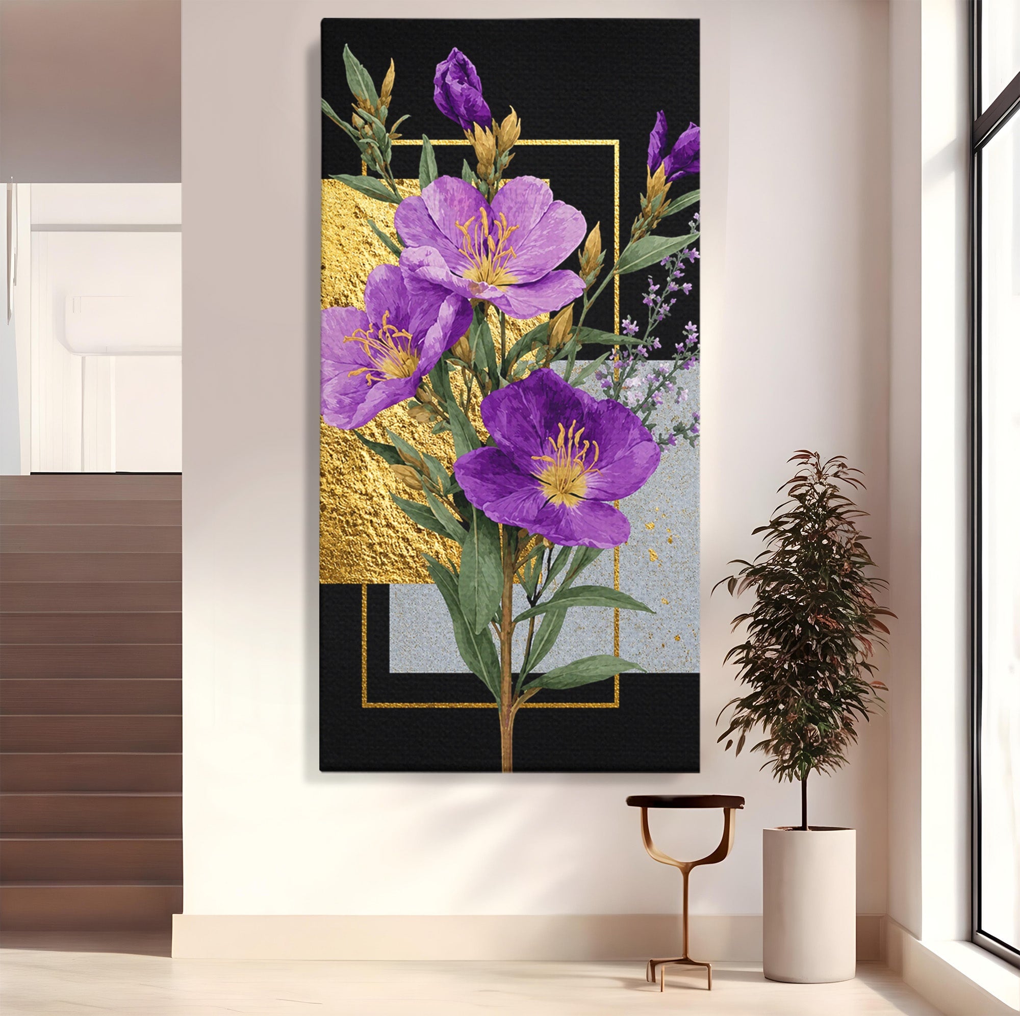 Tablou Canvas Premium LuxCanva® A1774, Flori Aurii si Mov, Flori, Auriu, Mov, Living, Dormitor, Culori Vibrante