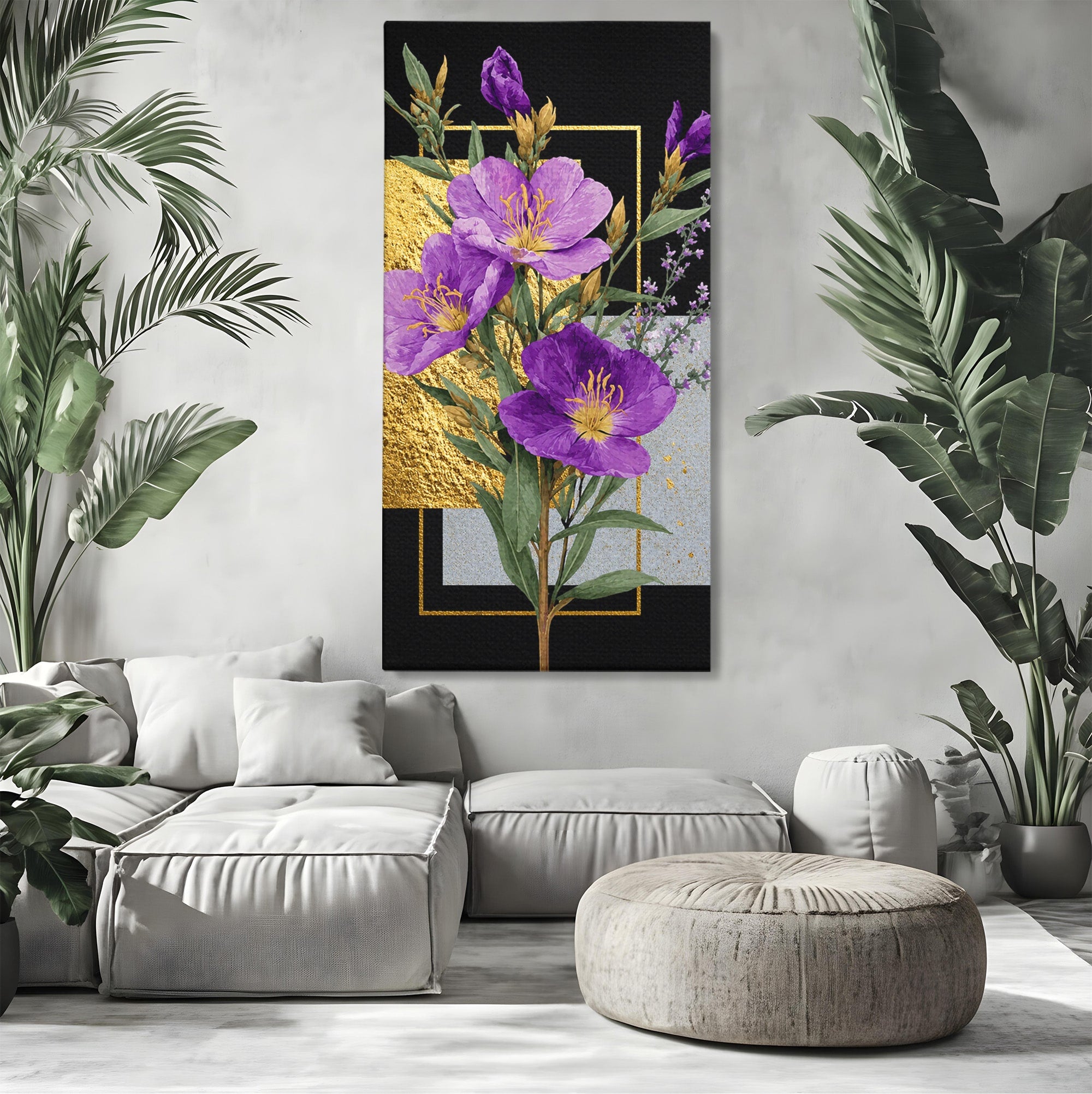 Tablou Canvas Premium LuxCanva® A1774, Flori Aurii si Mov, Flori, Auriu, Mov, Living, Dormitor, Culori Vibrante