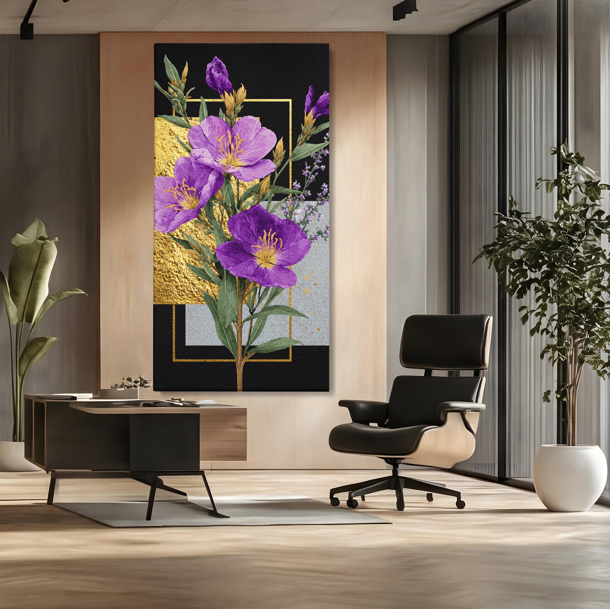 Tablou Canvas Premium LuxCanva® A1774, Flori Aurii si Mov, Flori, Auriu, Mov, Living, Dormitor, Culori Vibrante