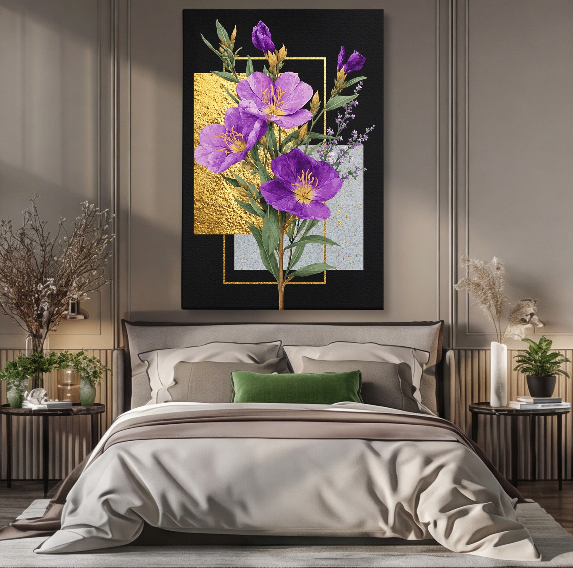 Tablou Canvas Premium LuxCanva® A1774, Flori Aurii si Mov, Flori, Auriu, Mov, Living, Dormitor, Culori Vibrante