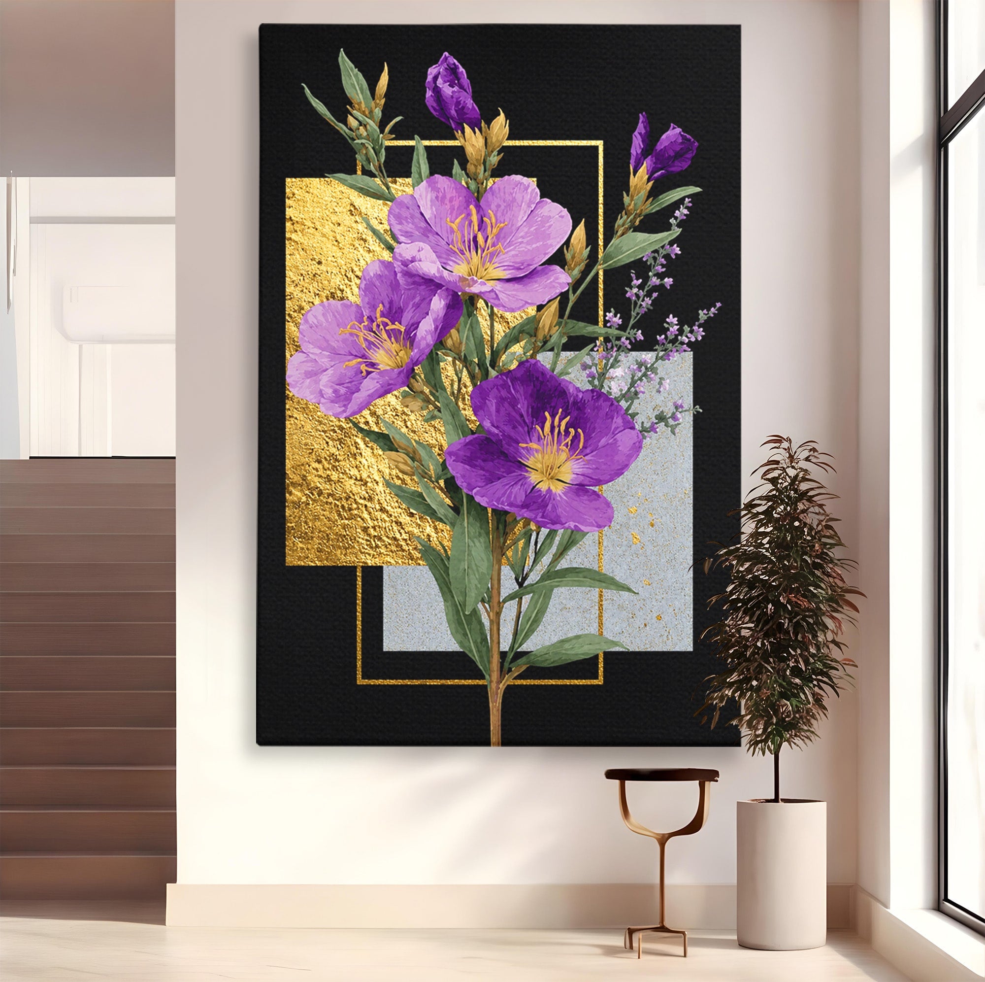 Tablou Canvas Premium LuxCanva® A1774, Flori Aurii si Mov, Flori, Auriu, Mov, Living, Dormitor, Culori Vibrante