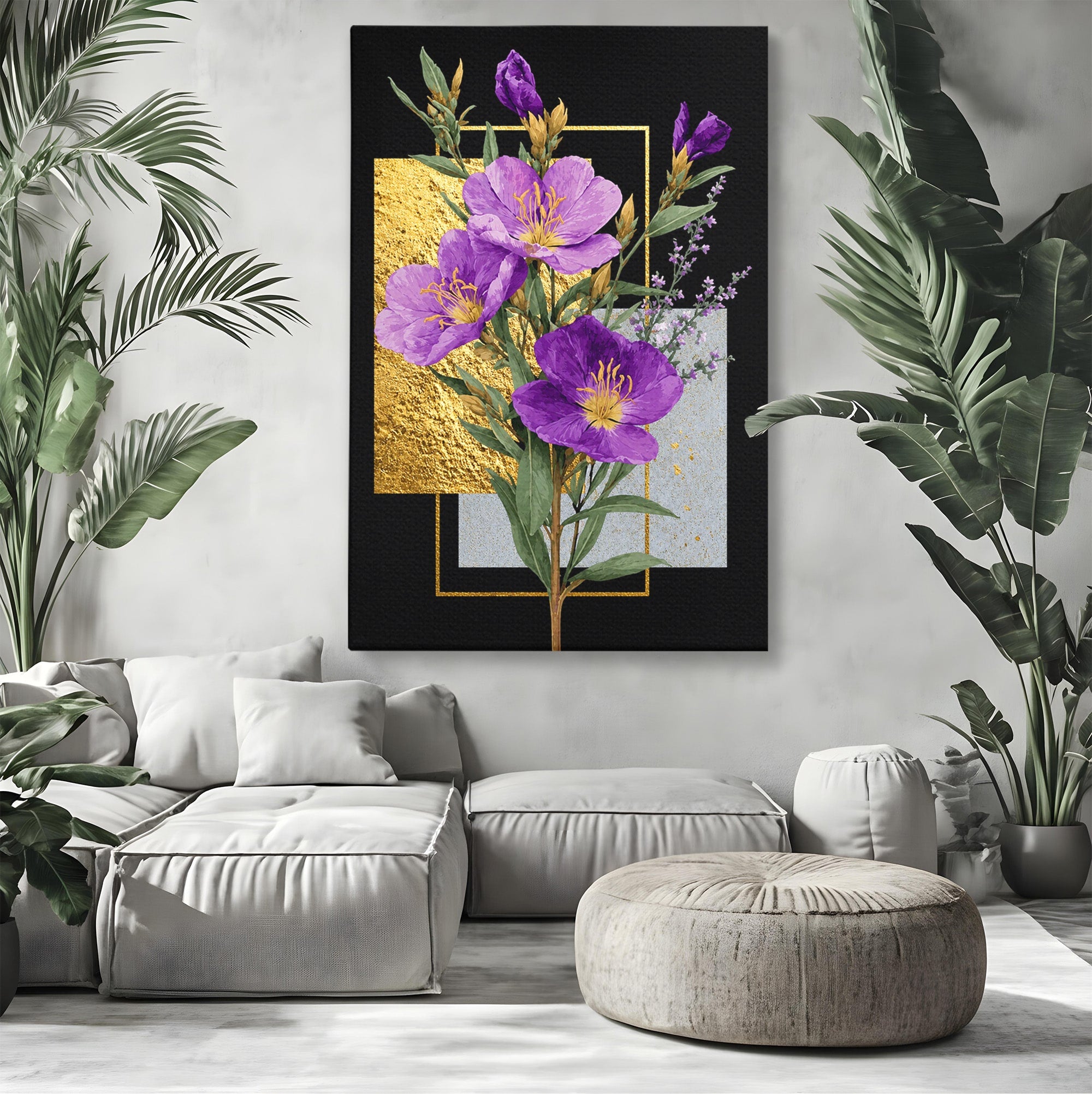 Tablou Canvas Premium LuxCanva® A1774, Flori Aurii si Mov, Flori, Auriu, Mov, Living, Dormitor, Culori Vibrante