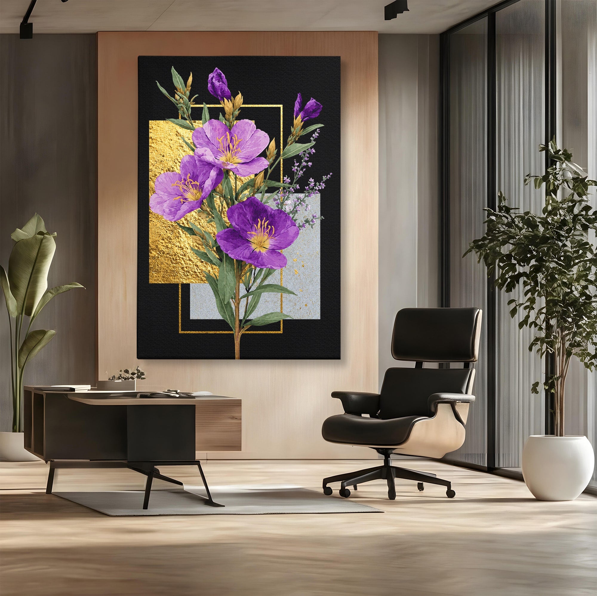Tablou Canvas Premium LuxCanva® A1774, Flori Aurii si Mov, Flori, Auriu, Mov, Living, Dormitor, Culori Vibrante