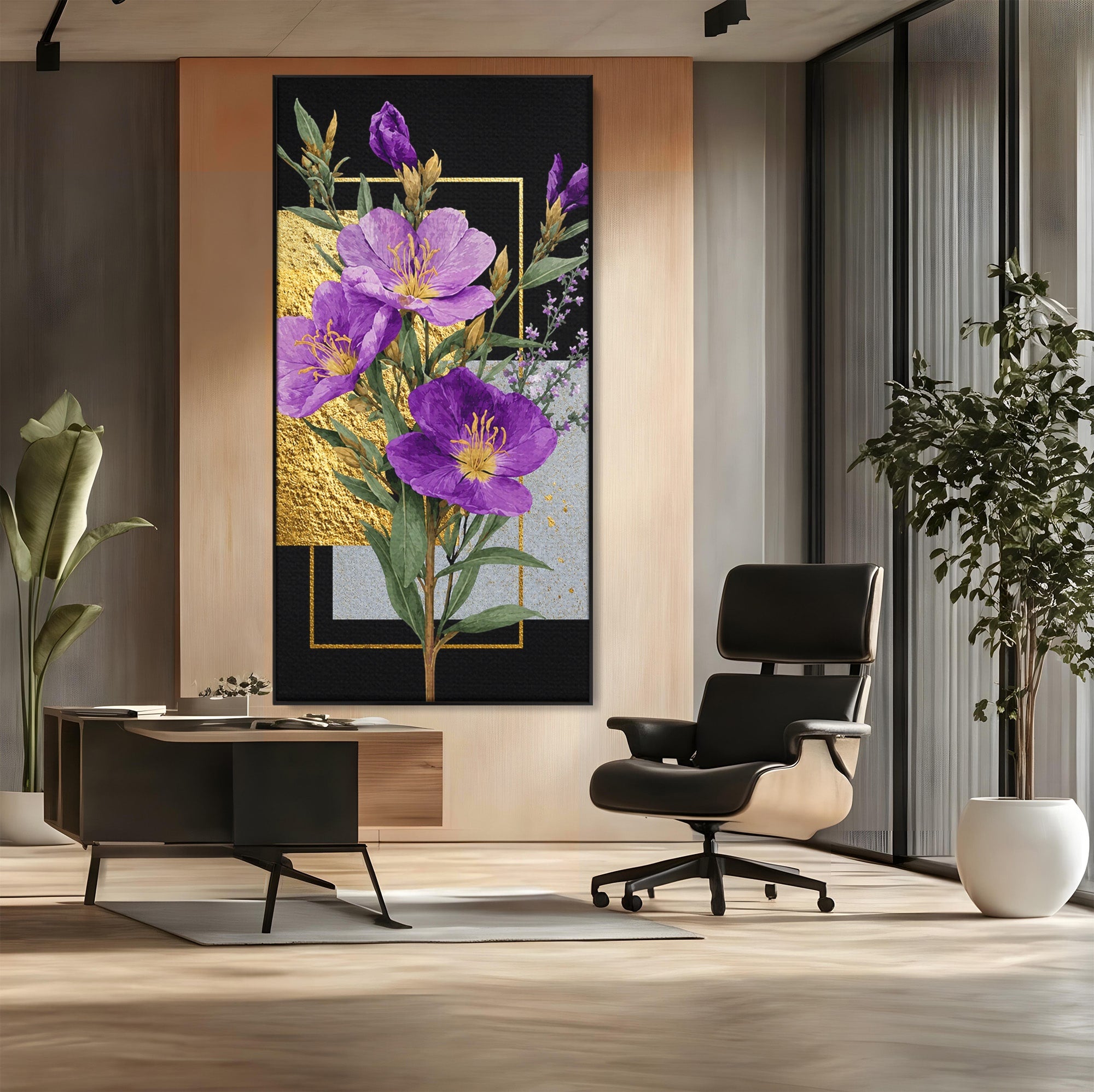 Tablou Canvas Premium LuxCanva® A1774, Flori Aurii si Mov, Flori, Auriu, Mov, Living, Dormitor, Culori Vibrante