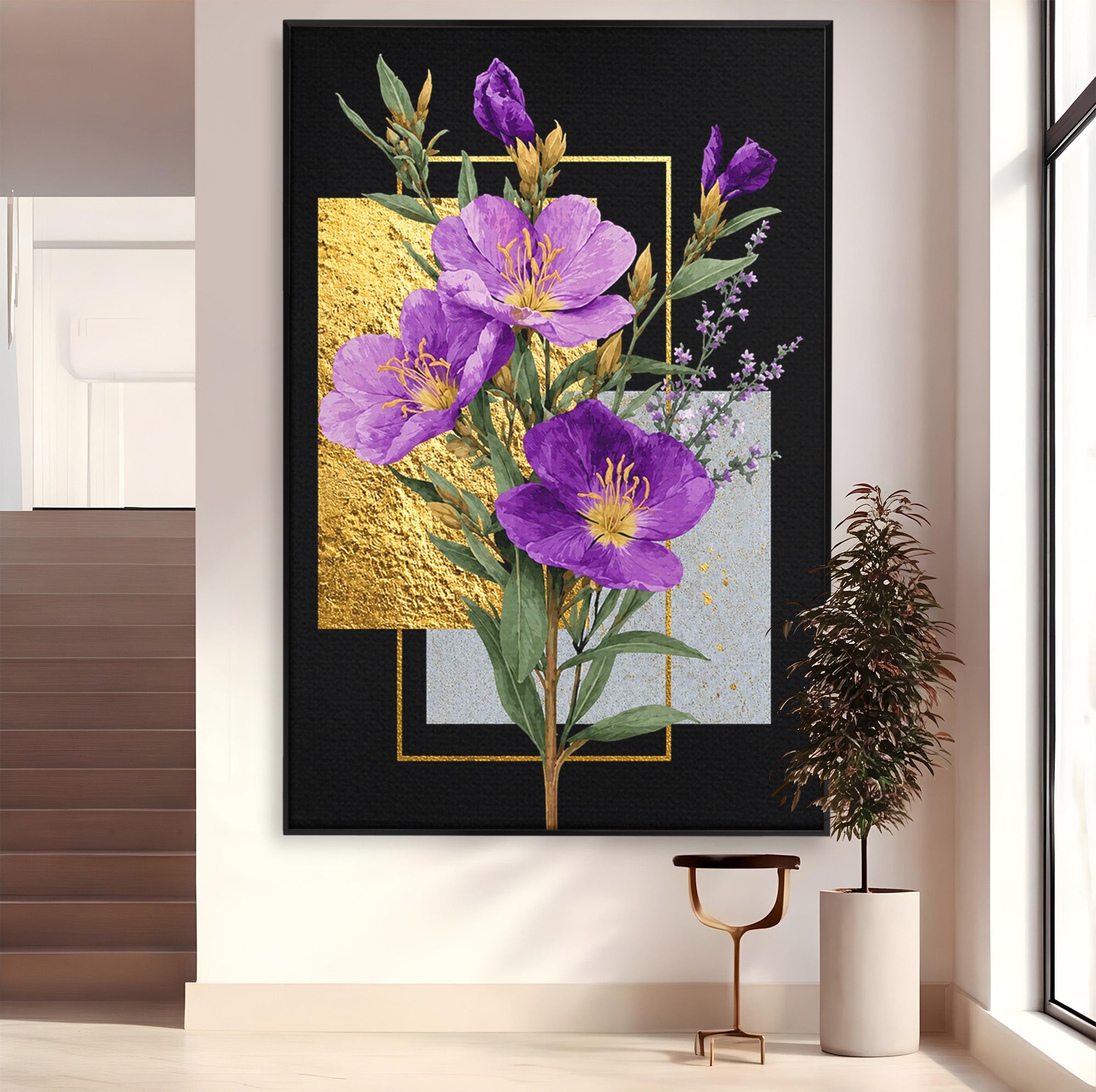 Tablou Canvas Premium LuxCanva® A1774, Flori Aurii si Mov, Flori, Auriu, Mov, Living, Dormitor, Culori Vibrante
