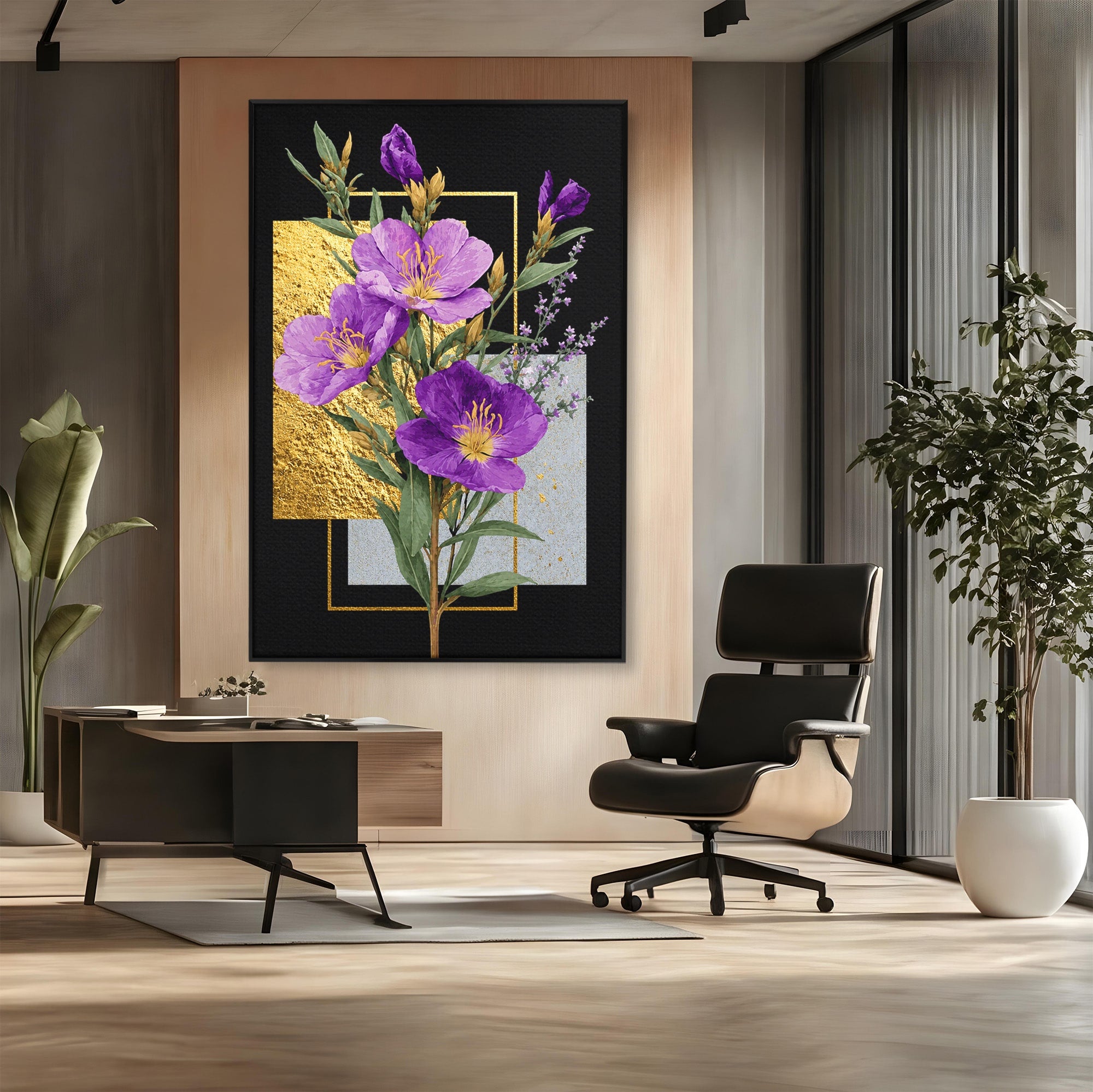 Tablou Canvas Premium LuxCanva® A1774, Flori Aurii si Mov, Flori, Auriu, Mov, Living, Dormitor, Culori Vibrante