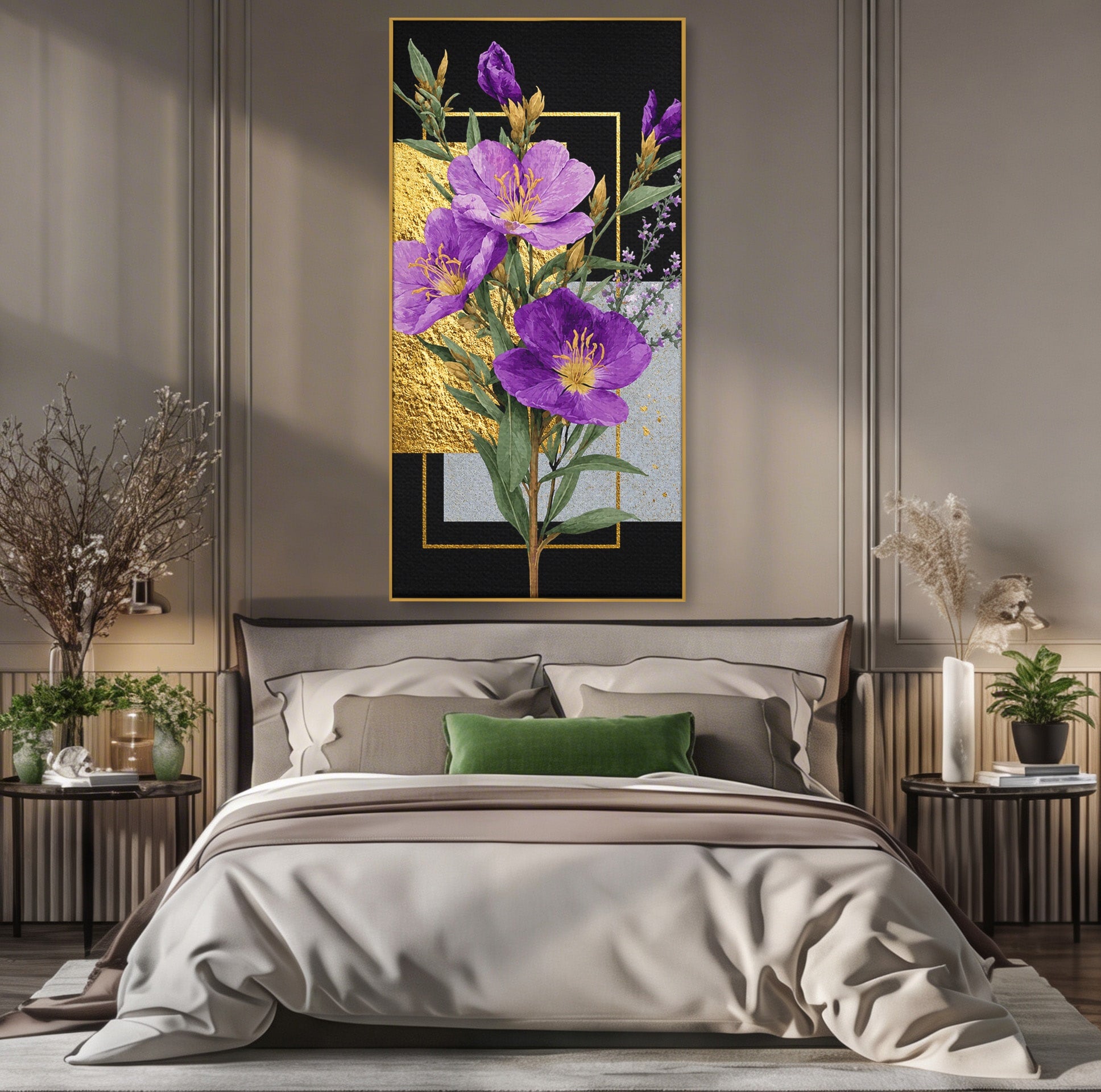 Tablou Canvas Premium LuxCanva® A1774, Flori Aurii si Mov, Flori, Auriu, Mov, Living, Dormitor, Culori Vibrante