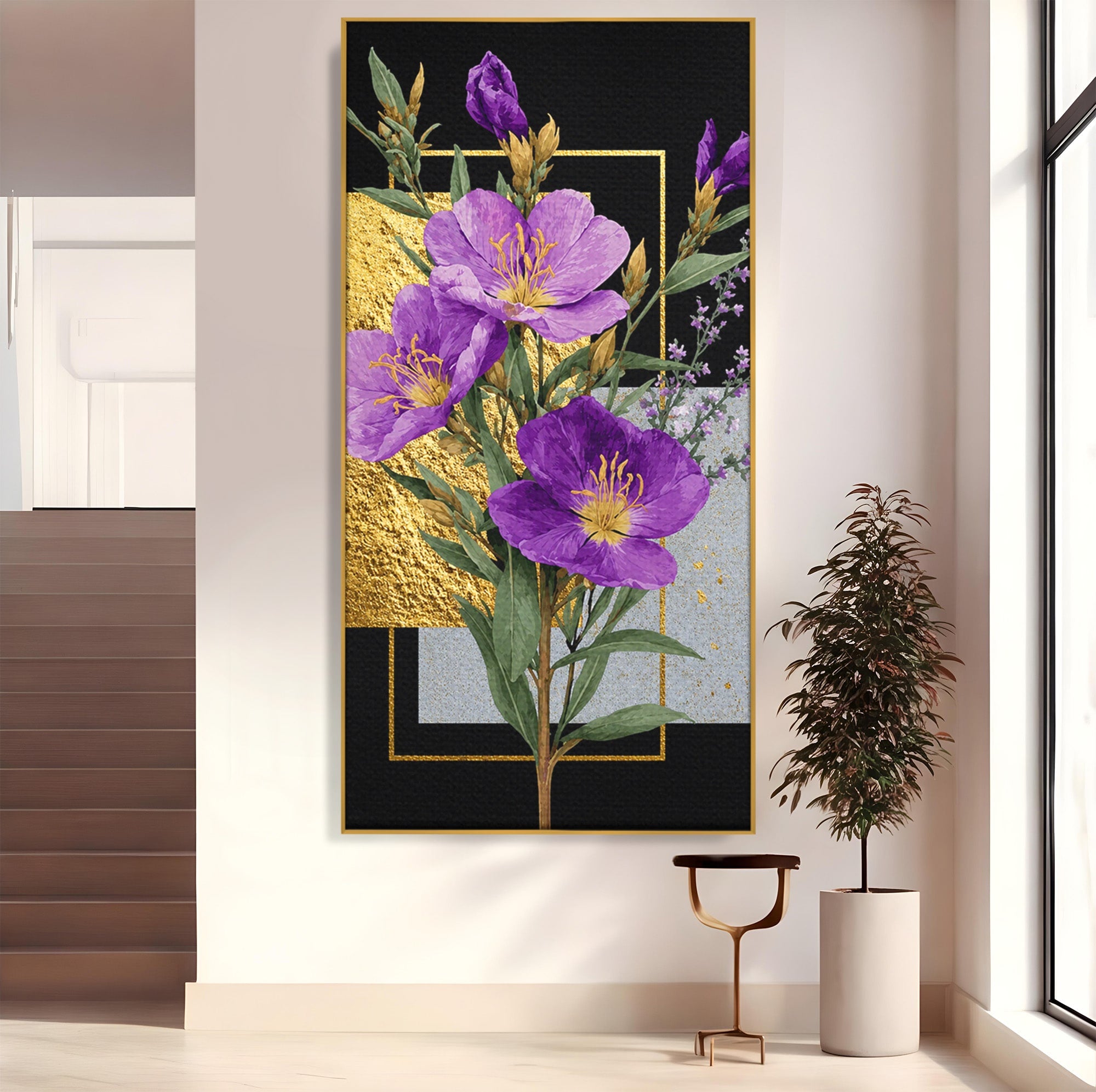 Tablou Canvas Premium LuxCanva® A1774, Flori Aurii si Mov, Flori, Auriu, Mov, Living, Dormitor, Culori Vibrante