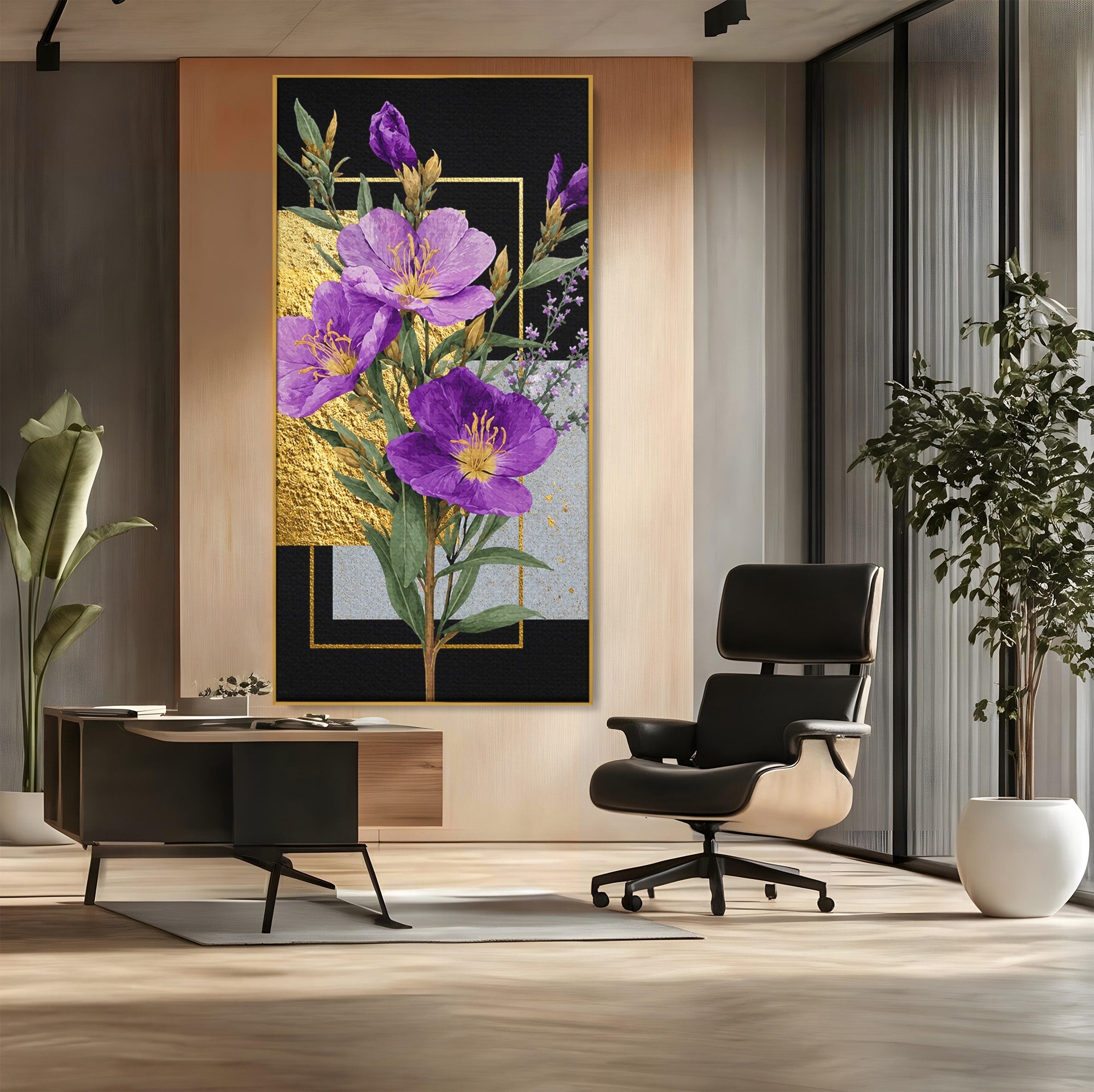 Tablou Canvas Premium LuxCanva® A1774, Flori Aurii si Mov, Flori, Auriu, Mov, Living, Dormitor, Culori Vibrante