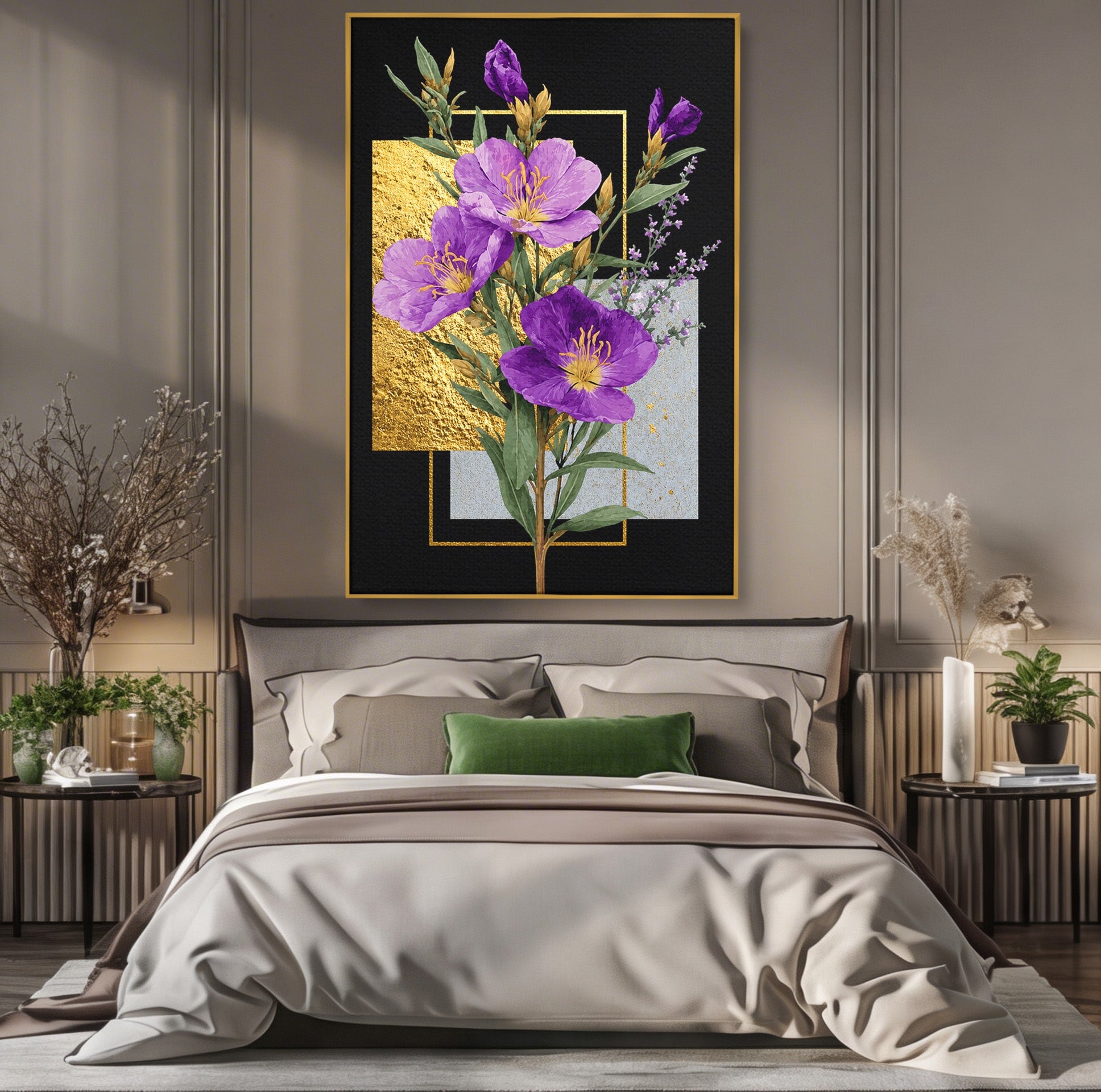 Tablou Canvas Premium LuxCanva® A1774, Flori Aurii si Mov, Flori, Auriu, Mov, Living, Dormitor, Culori Vibrante