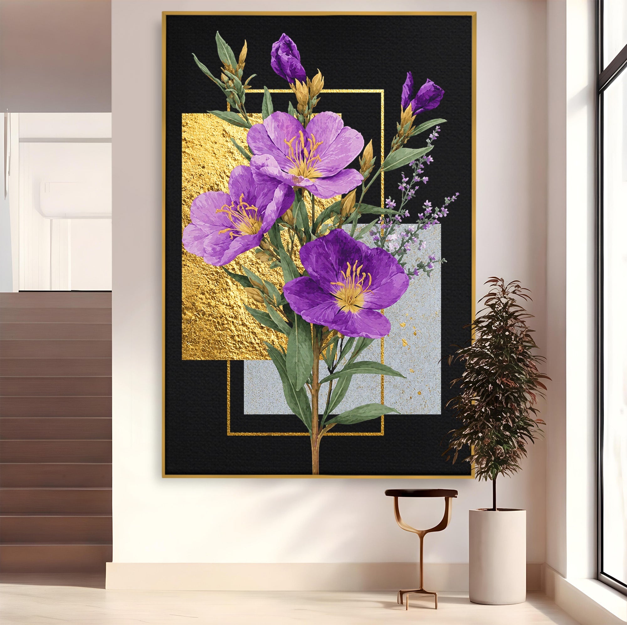 Tablou Canvas Premium LuxCanva® A1774, Flori Aurii si Mov, Flori, Auriu, Mov, Living, Dormitor, Culori Vibrante