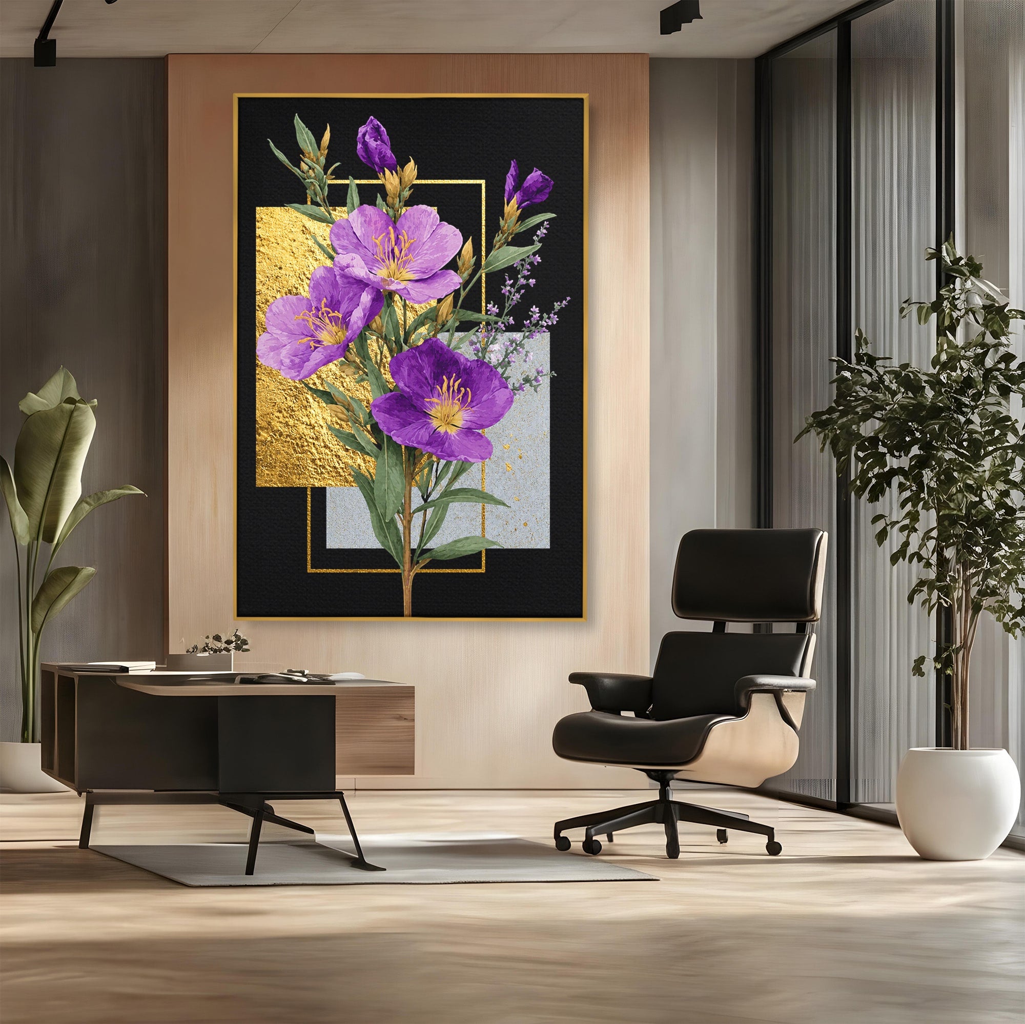 Tablou Canvas Premium LuxCanva® A1774, Flori Aurii si Mov, Flori, Auriu, Mov, Living, Dormitor, Culori Vibrante