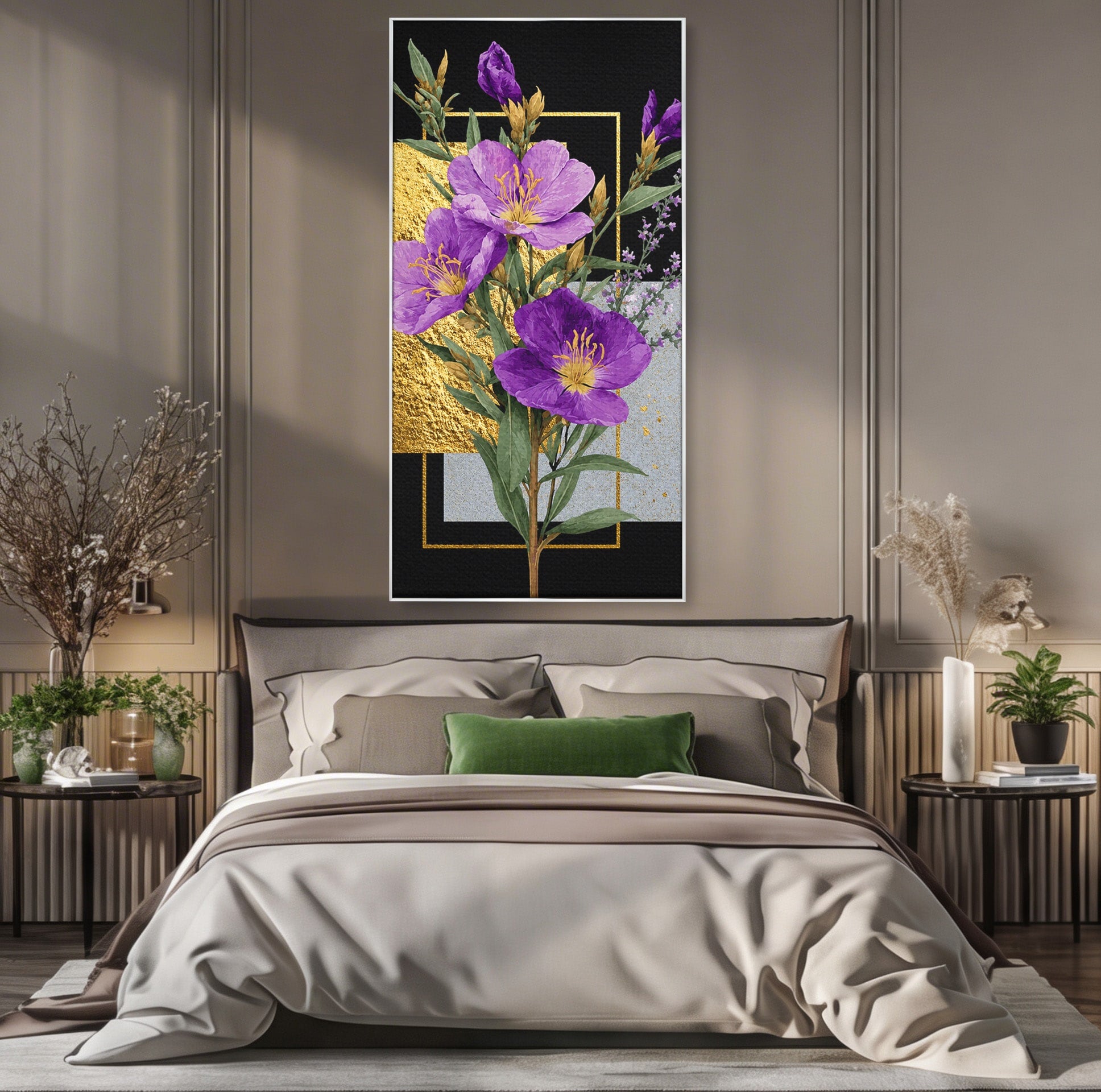 Tablou Canvas Premium LuxCanva® A1774, Flori Aurii si Mov, Flori, Auriu, Mov, Living, Dormitor, Culori Vibrante