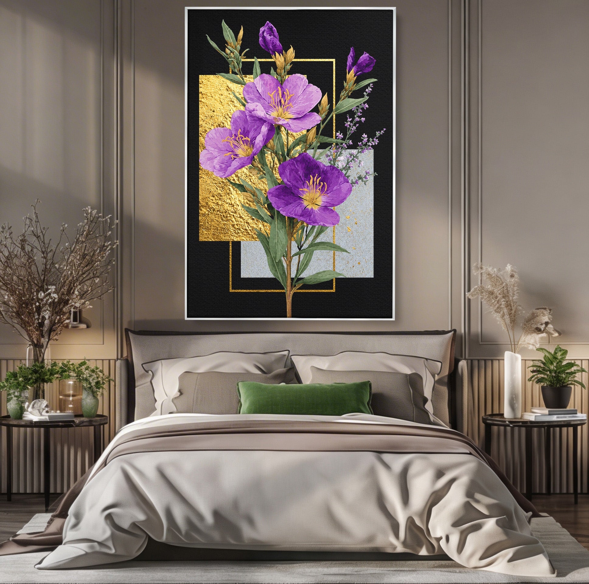 Tablou Canvas Premium LuxCanva® A1774, Flori Aurii si Mov, Flori, Auriu, Mov, Living, Dormitor, Culori Vibrante