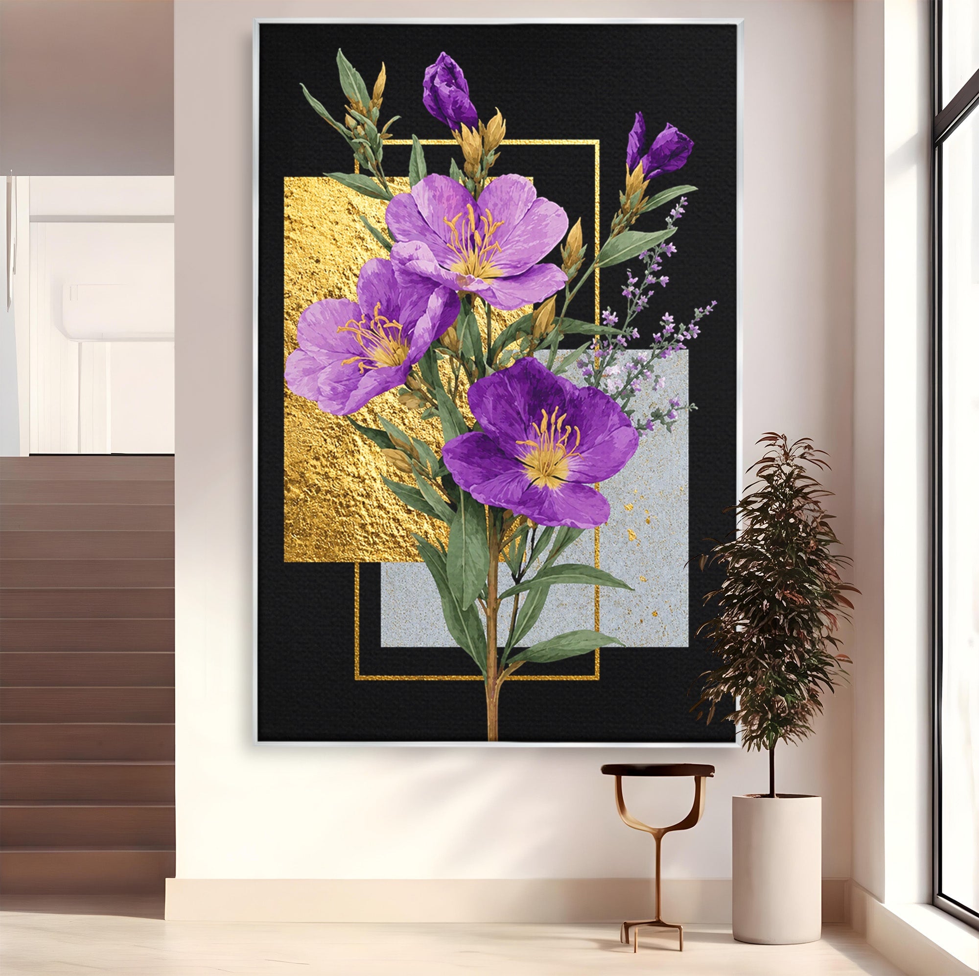Tablou Canvas Premium LuxCanva® A1774, Flori Aurii si Mov, Flori, Auriu, Mov, Living, Dormitor, Culori Vibrante