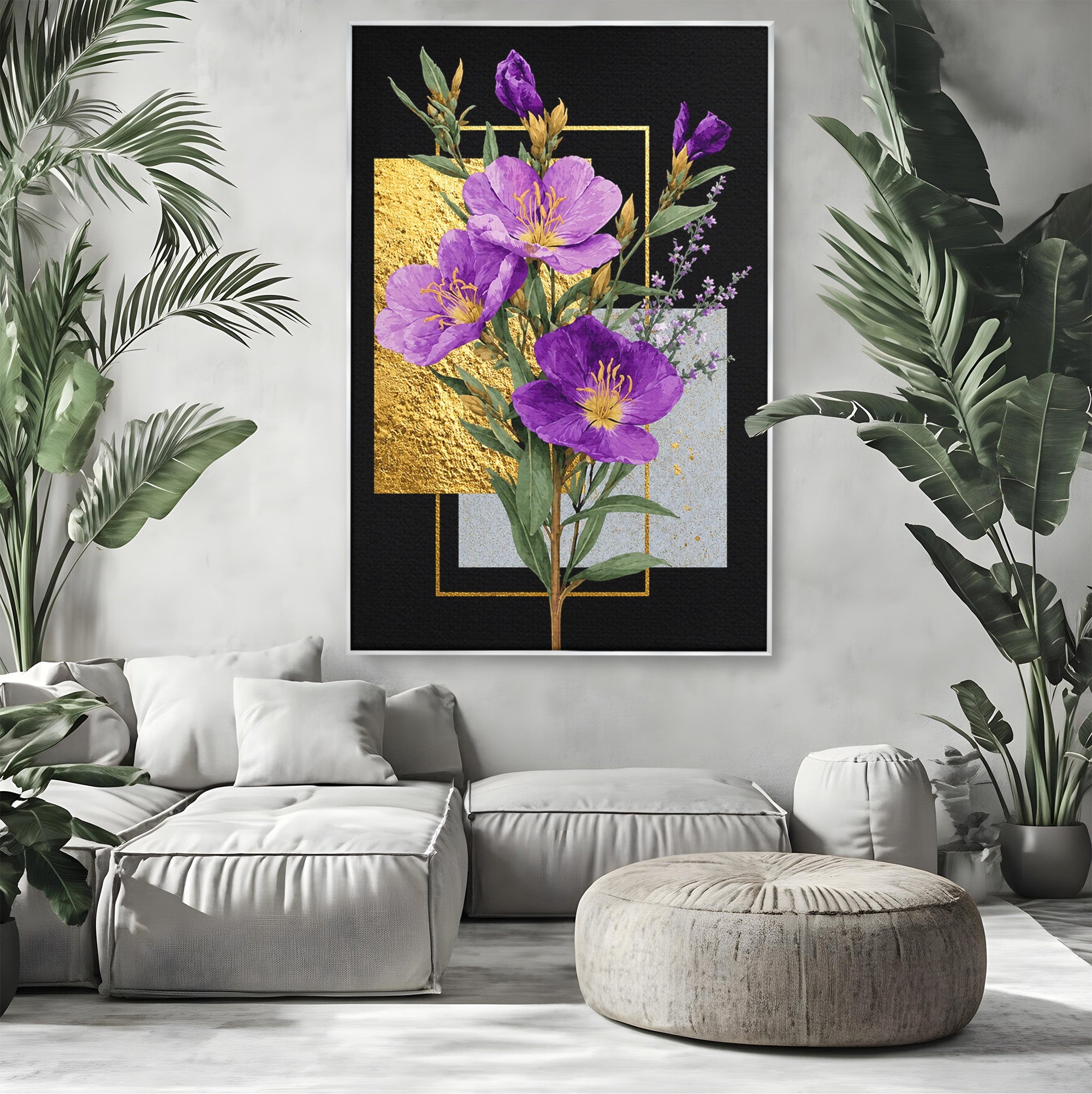 Tablou Canvas Premium LuxCanva® A1774, Flori Aurii si Mov, Flori, Auriu, Mov, Living, Dormitor, Culori Vibrante