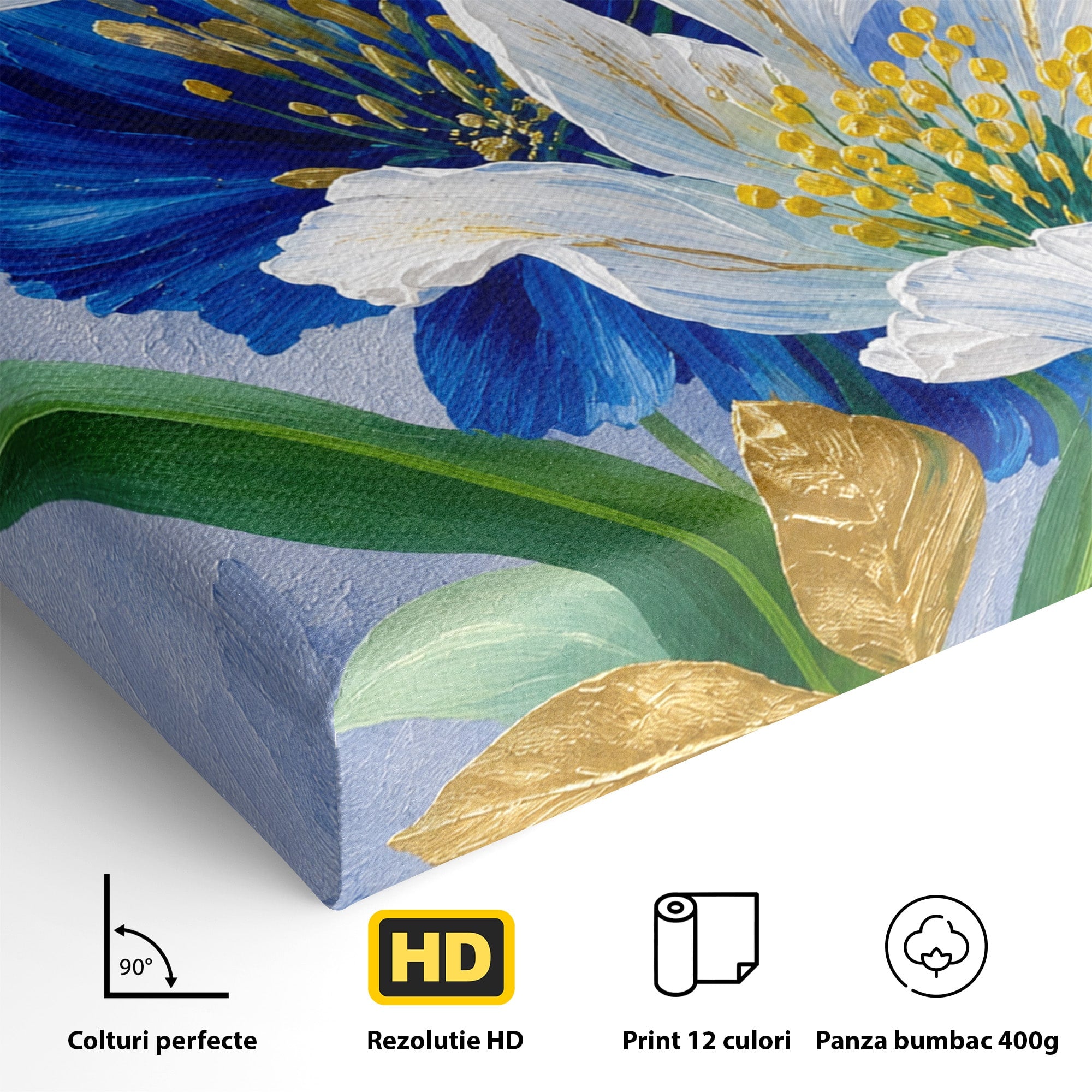 Tablou Canvas Premium LuxCanva® A1775, Flori Albe Si Albastre, Flori, Natura, Arta Botanica, Eleganta, Living, Dormitor, Culori Vibrante