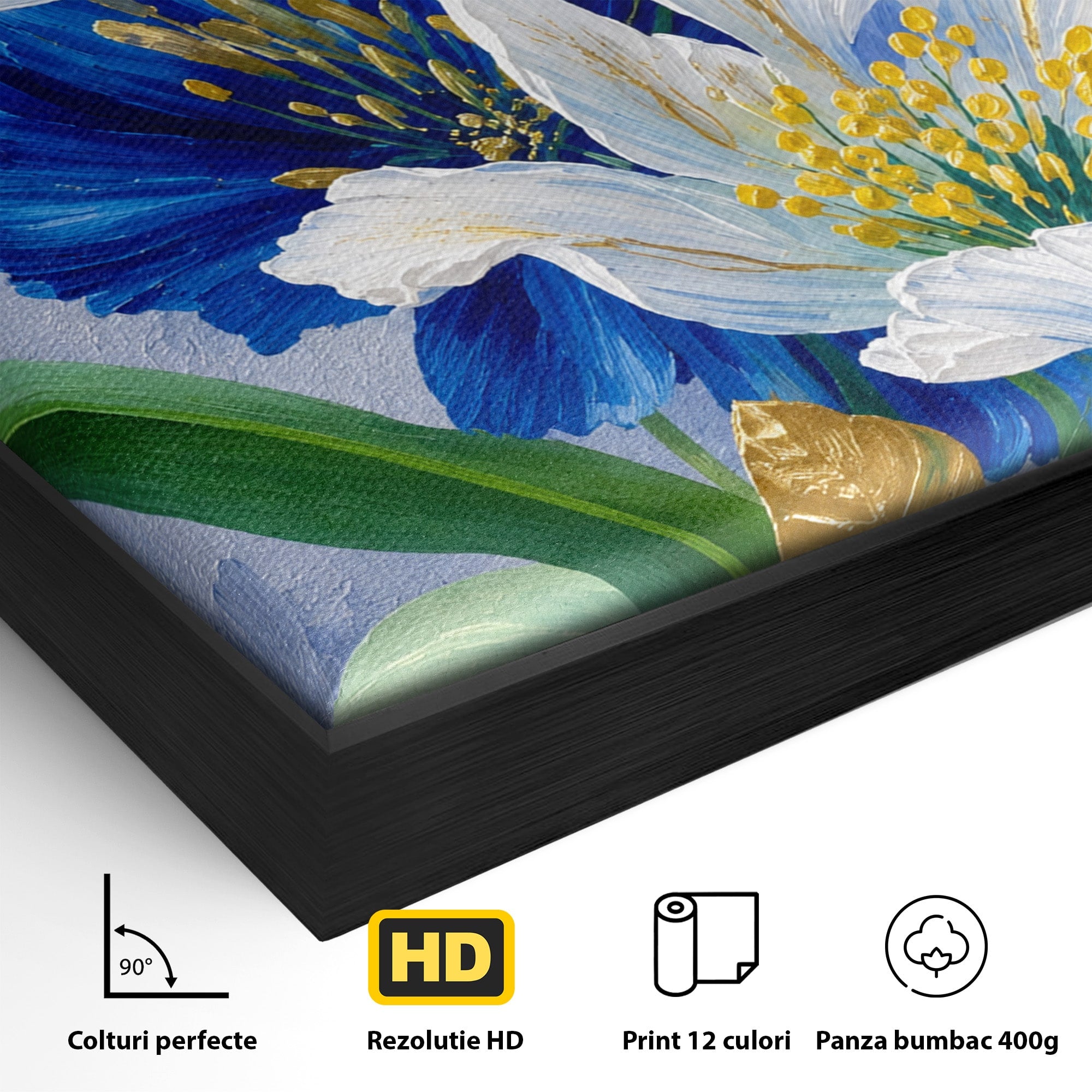 Tablou Canvas Premium LuxCanva® A1775, Flori Albe Si Albastre, Flori, Natura, Arta Botanica, Eleganta, Living, Dormitor, Culori Vibrante