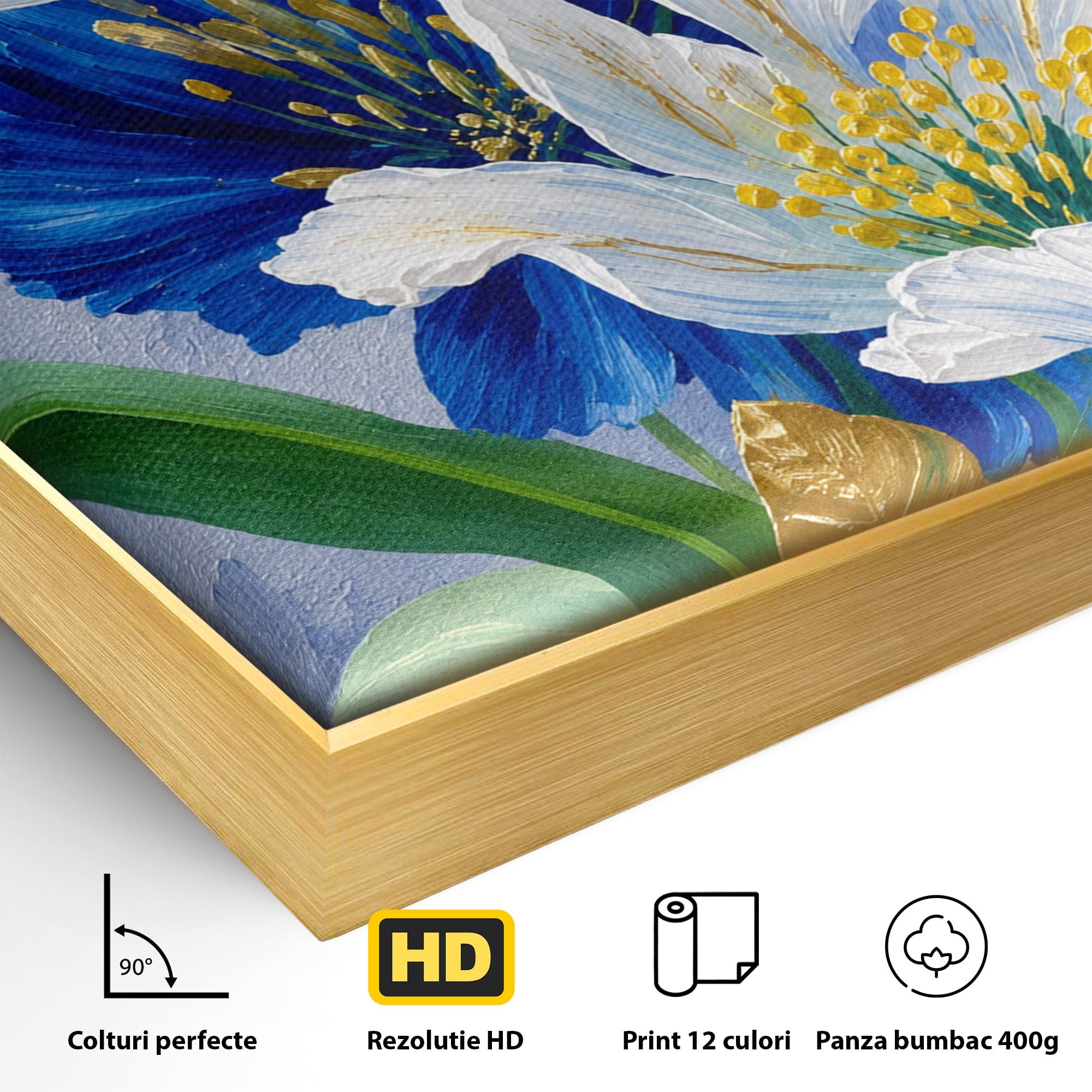 Tablou Canvas Premium LuxCanva® A1775, Flori Albe Si Albastre, Flori, Natura, Arta Botanica, Eleganta, Living, Dormitor, Culori Vibrante