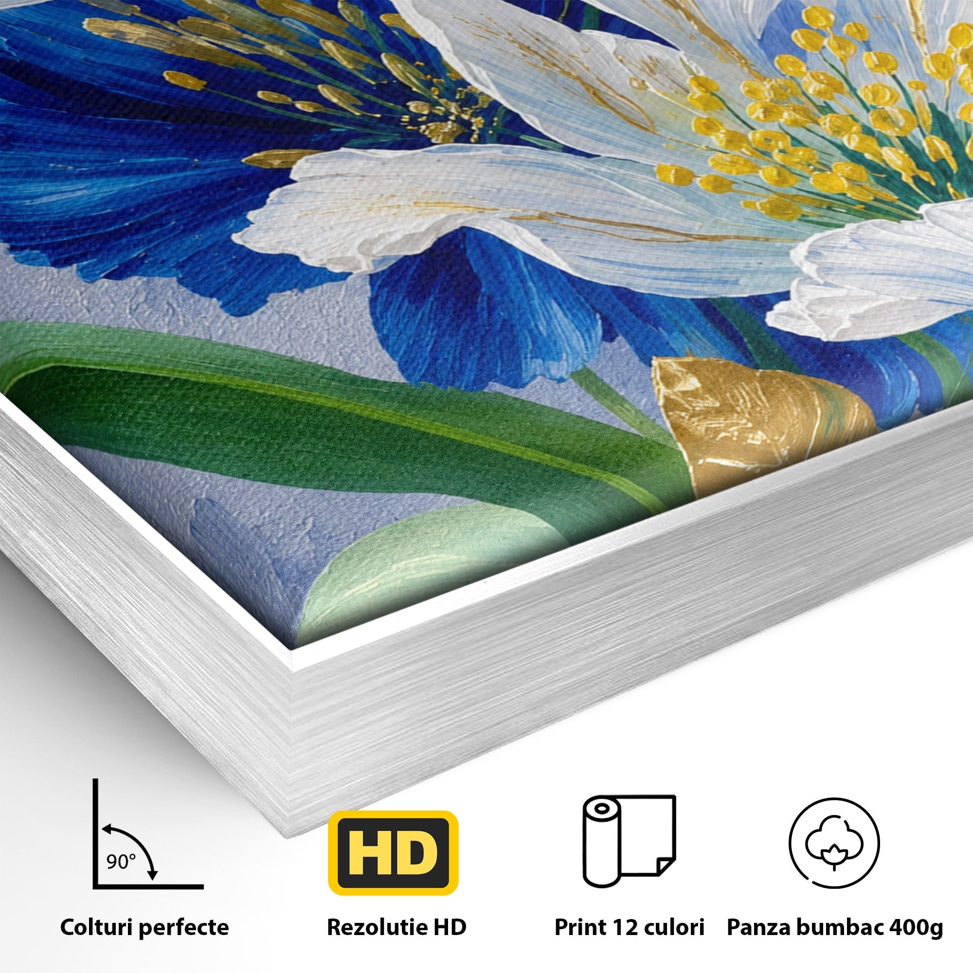 Tablou Canvas Premium LuxCanva® A1775, Flori Albe Si Albastre, Flori, Natura, Arta Botanica, Eleganta, Living, Dormitor, Culori Vibrante