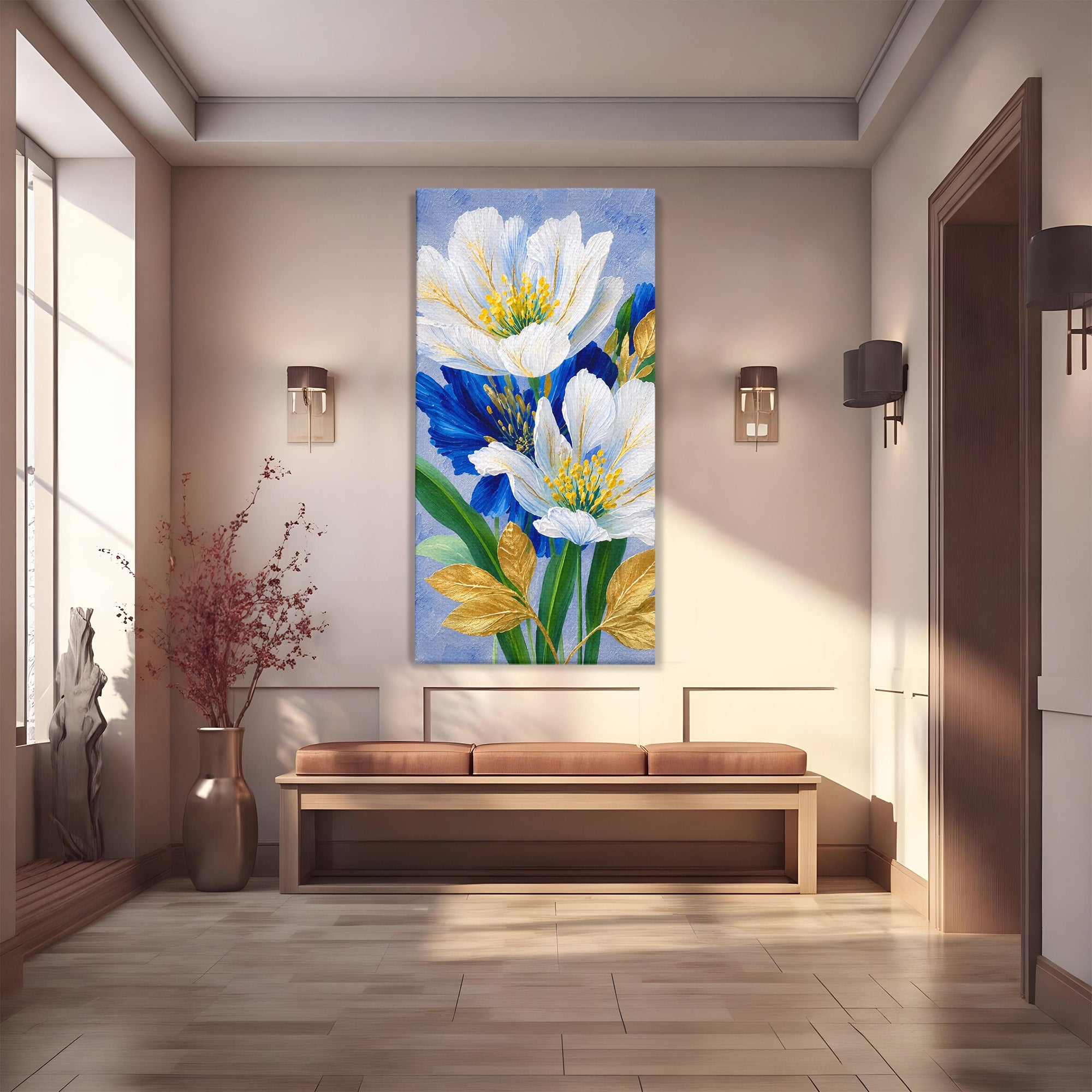 Tablou Canvas Premium LuxCanva® A1775, Flori Albe Si Albastre, Flori, Natura, Arta Botanica, Eleganta, Living, Dormitor, Culori Vibrante