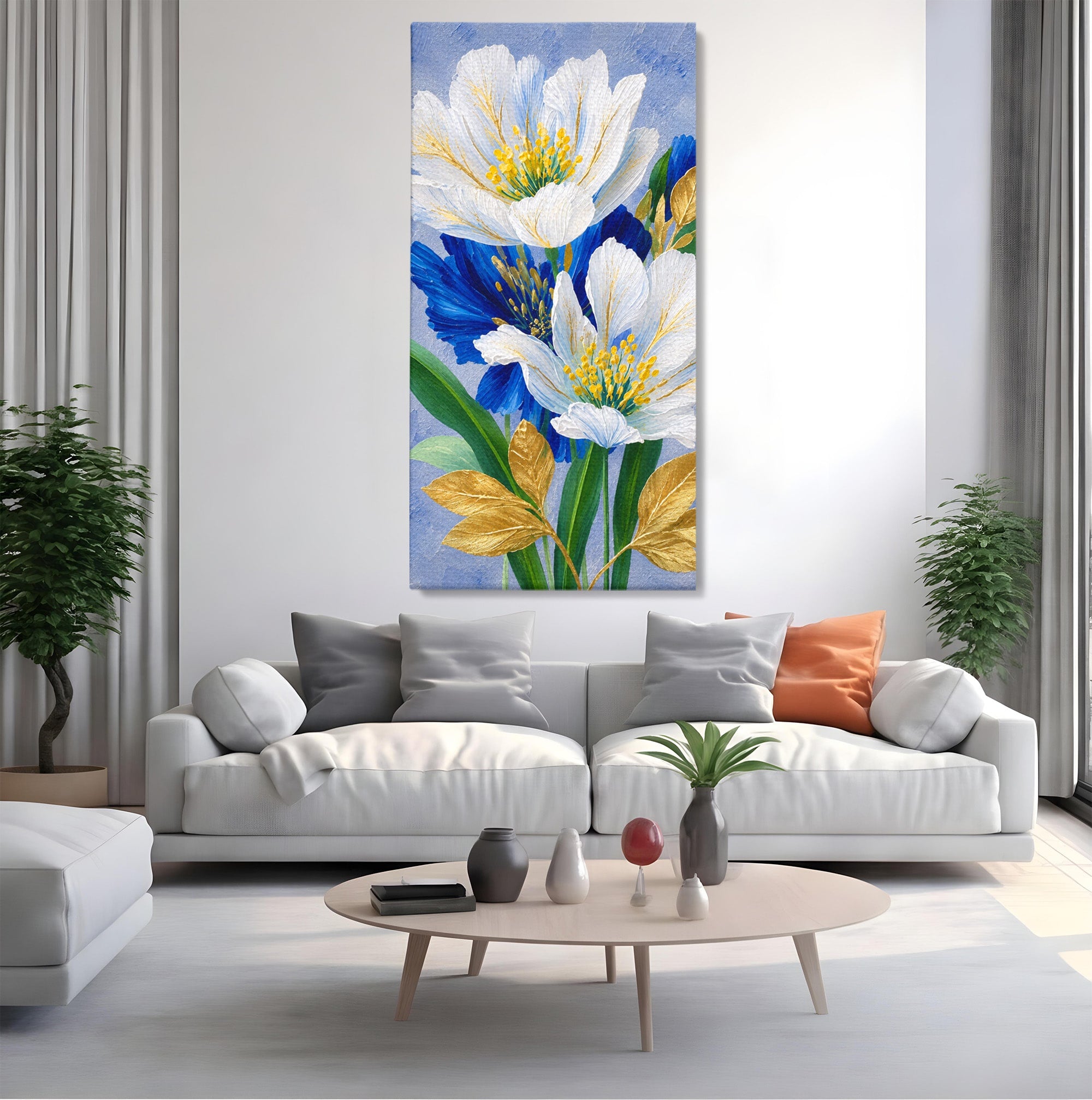 Tablou Canvas Premium LuxCanva® A1775, Flori Albe Si Albastre, Flori, Natura, Arta Botanica, Eleganta, Living, Dormitor, Culori Vibrante