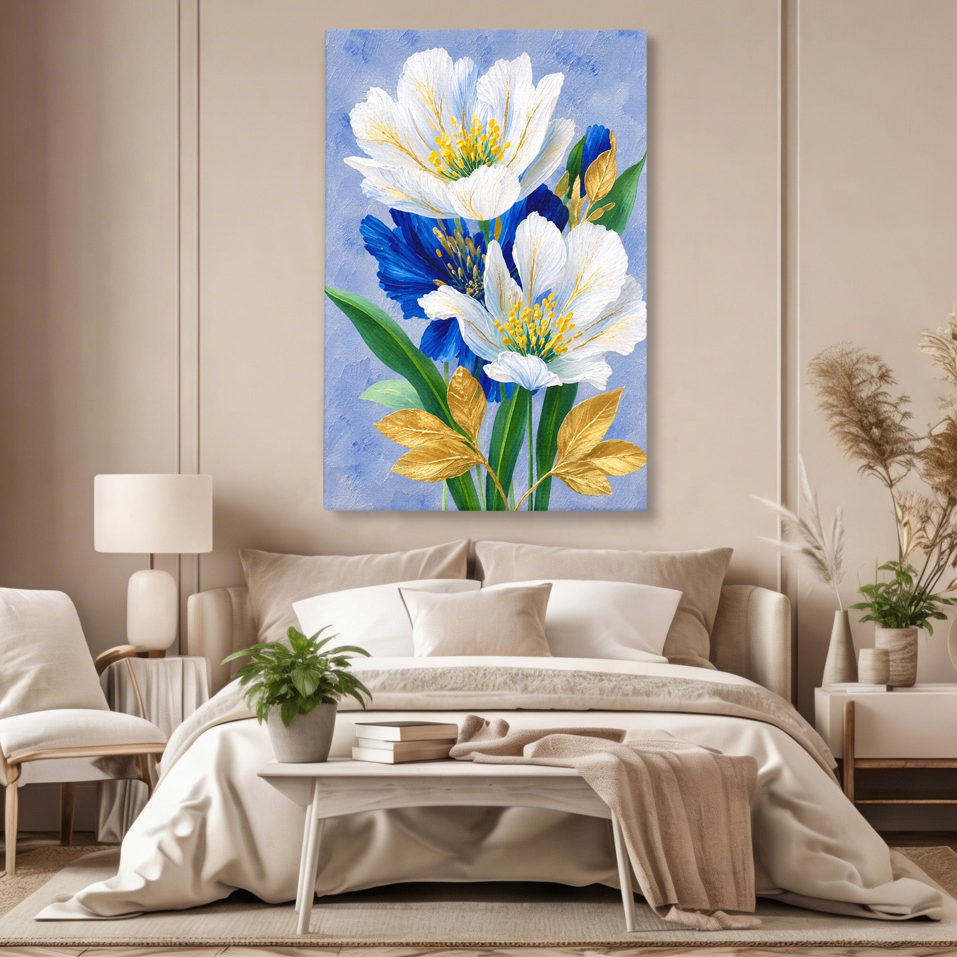 Tablou Canvas Premium LuxCanva® A1775, Flori Albe Si Albastre, Flori, Natura, Arta Botanica, Eleganta, Living, Dormitor, Culori Vibrante