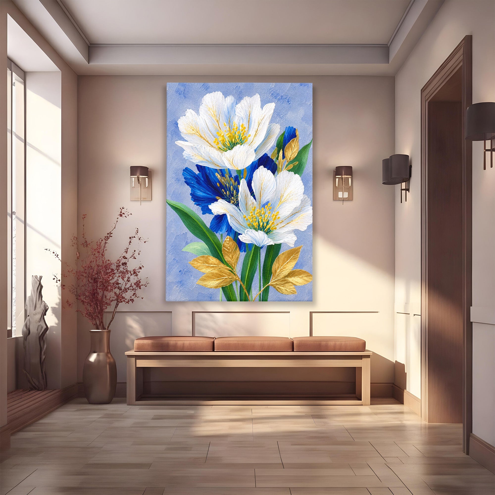 Tablou Canvas Premium LuxCanva® A1775, Flori Albe Si Albastre, Flori, Natura, Arta Botanica, Eleganta, Living, Dormitor, Culori Vibrante