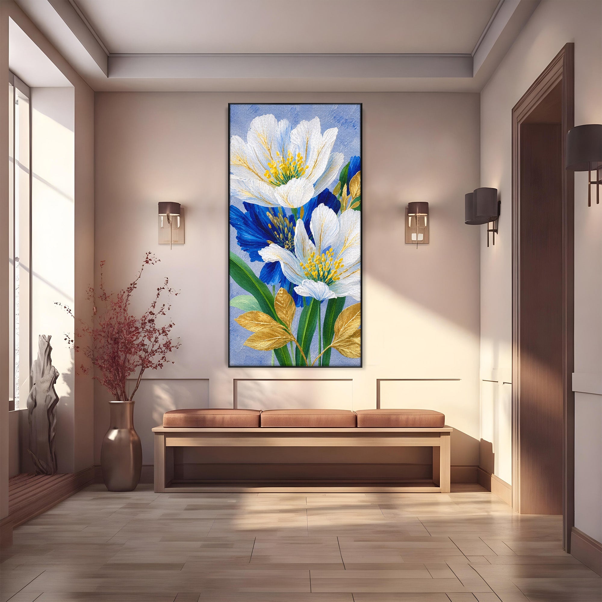 Tablou Canvas Premium LuxCanva® A1775, Flori Albe Si Albastre, Flori, Natura, Arta Botanica, Eleganta, Living, Dormitor, Culori Vibrante