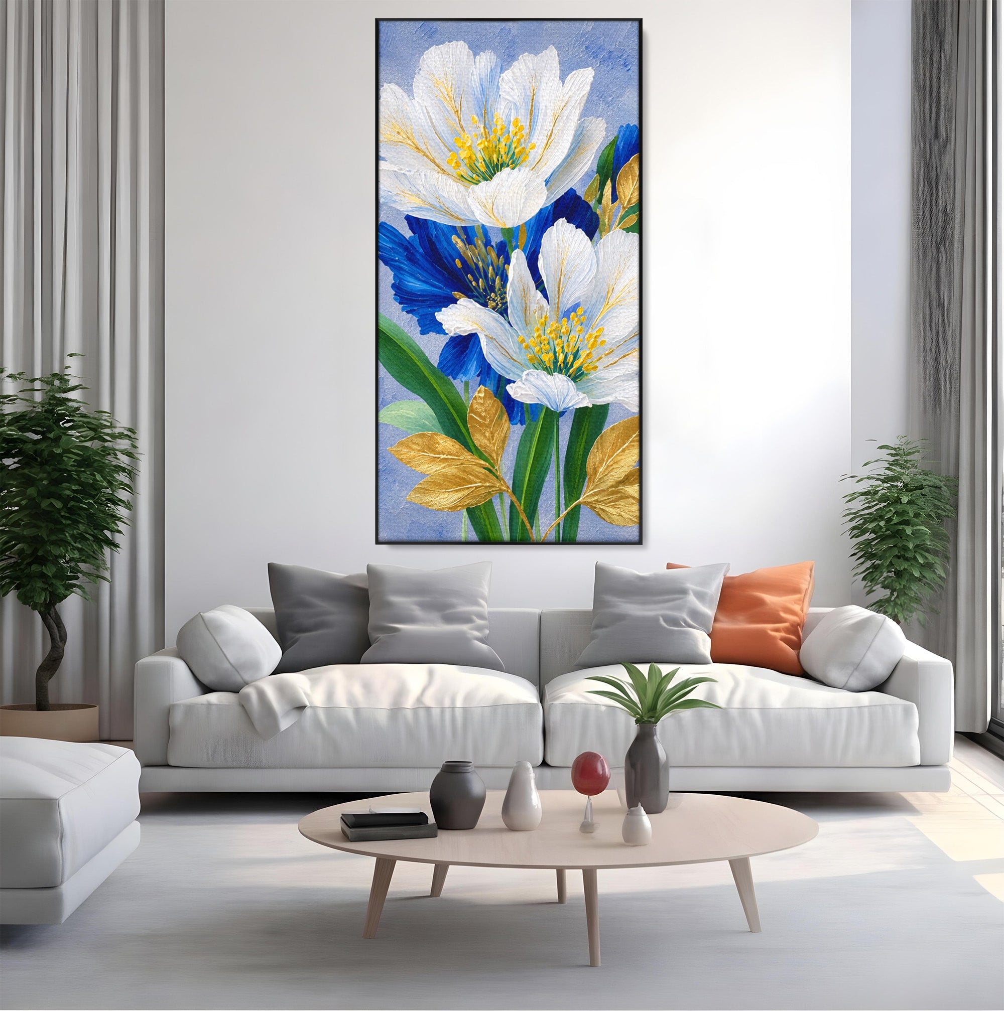 Tablou Canvas Premium LuxCanva® A1775, Flori Albe Si Albastre, Flori, Natura, Arta Botanica, Eleganta, Living, Dormitor, Culori Vibrante