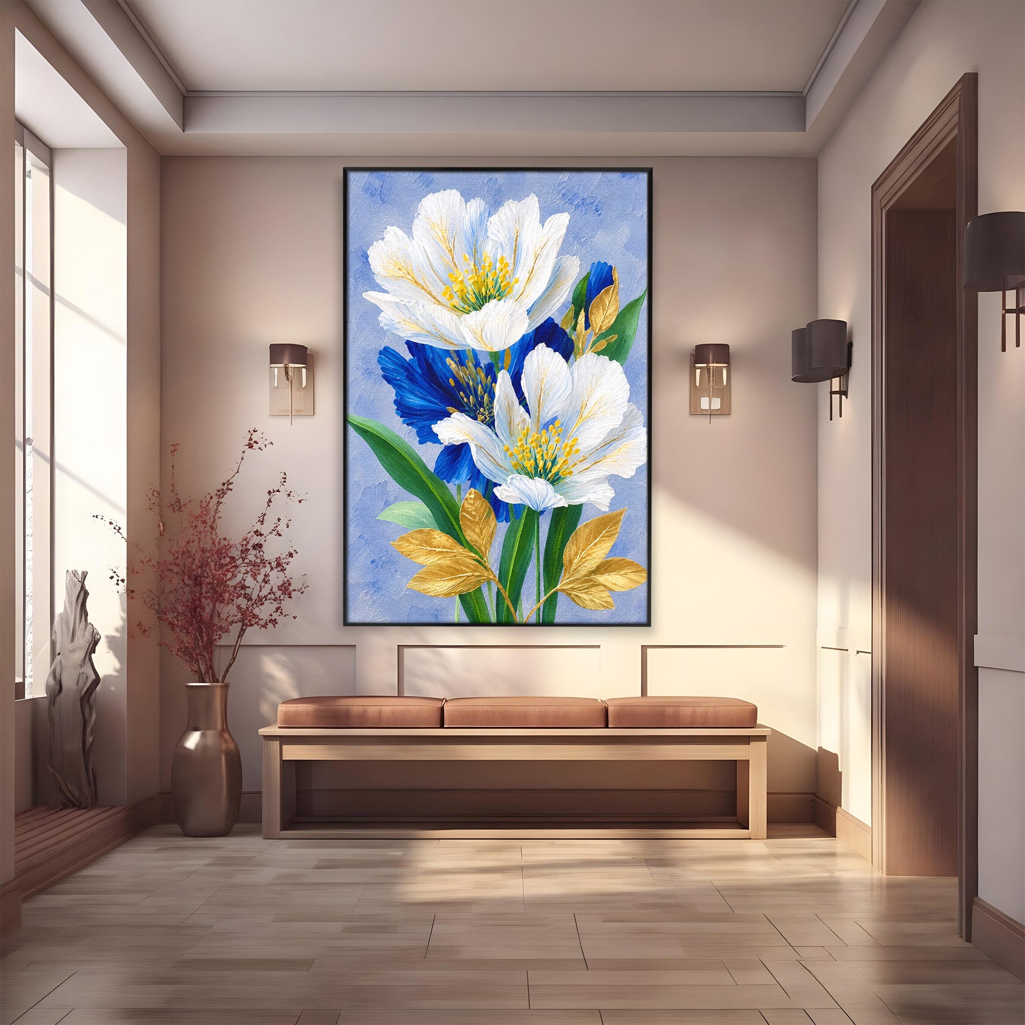 Tablou Canvas Premium LuxCanva® A1775, Flori Albe Si Albastre, Flori, Natura, Arta Botanica, Eleganta, Living, Dormitor, Culori Vibrante
