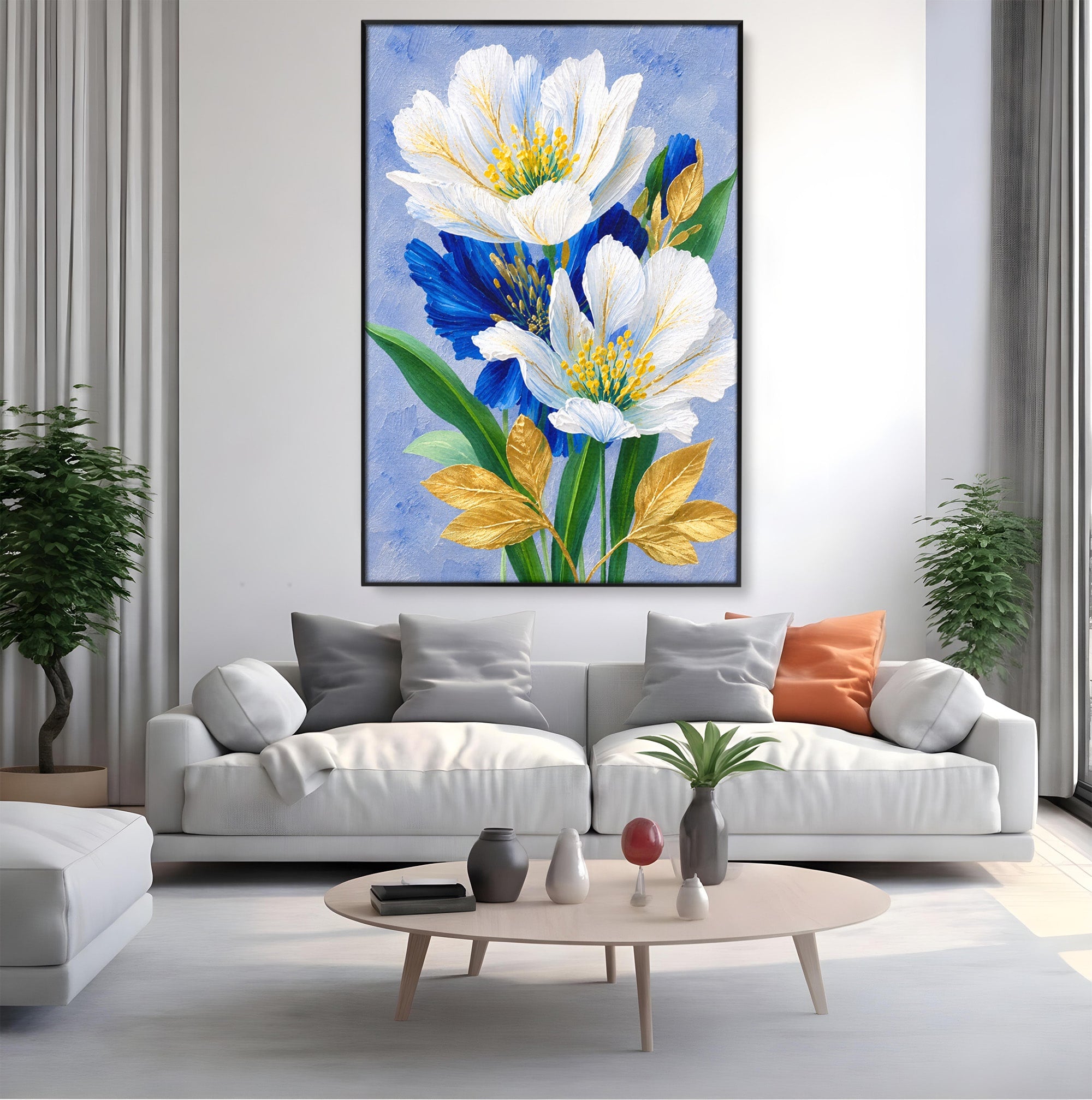 Tablou Canvas Premium LuxCanva® A1775, Flori Albe Si Albastre, Flori, Natura, Arta Botanica, Eleganta, Living, Dormitor, Culori Vibrante