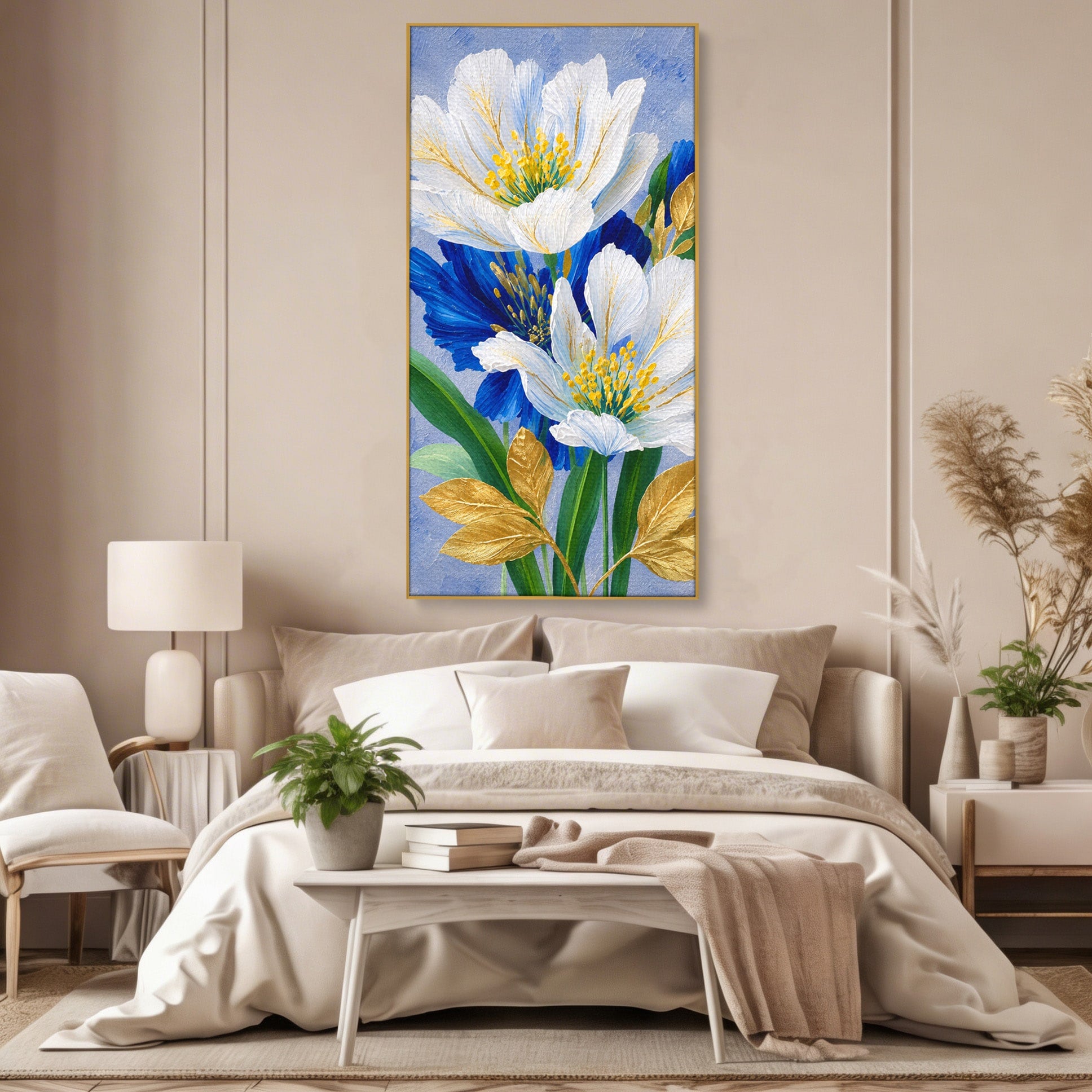 Tablou Canvas Premium LuxCanva® A1775, Flori Albe Si Albastre, Flori, Natura, Arta Botanica, Eleganta, Living, Dormitor, Culori Vibrante