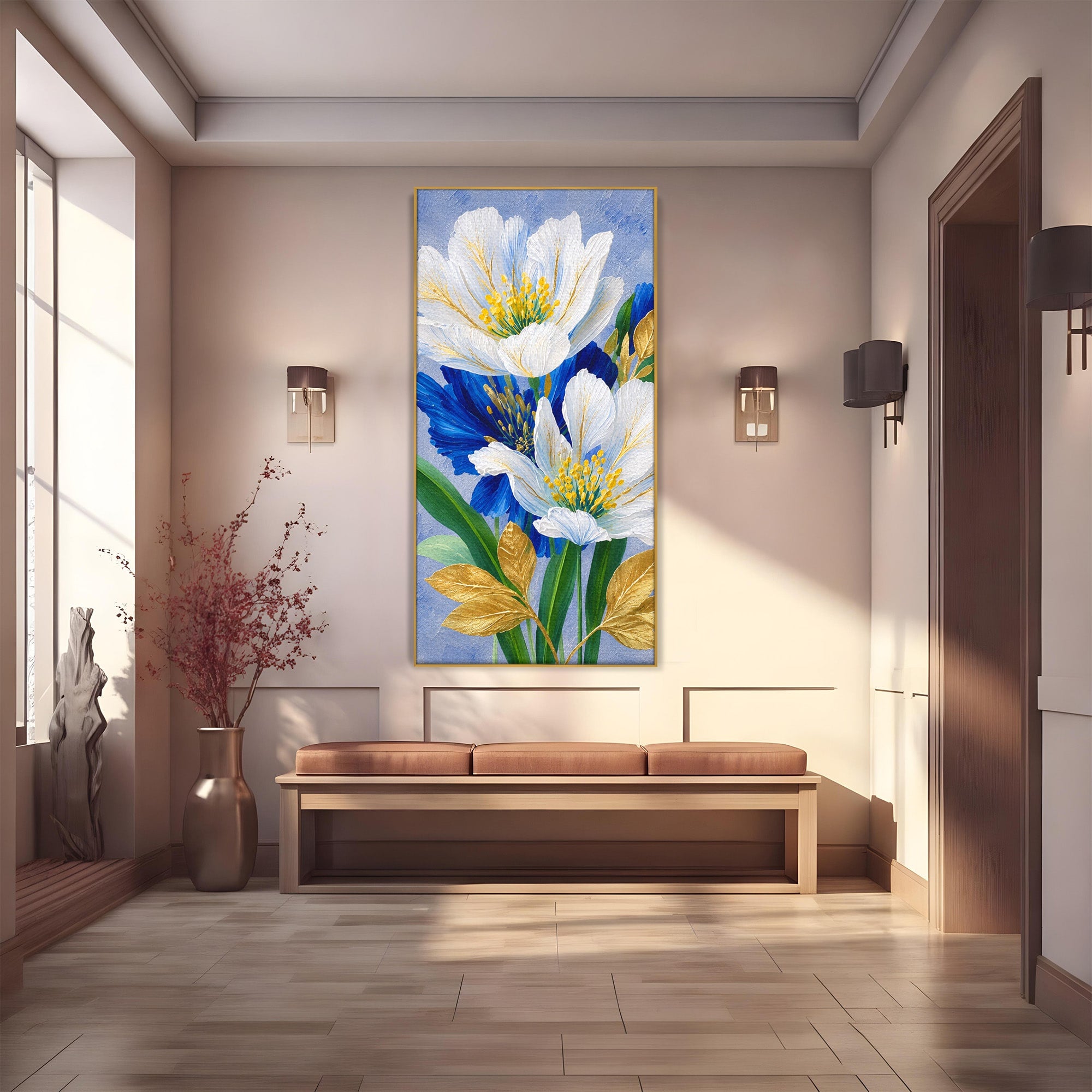 Tablou Canvas Premium LuxCanva® A1775, Flori Albe Si Albastre, Flori, Natura, Arta Botanica, Eleganta, Living, Dormitor, Culori Vibrante
