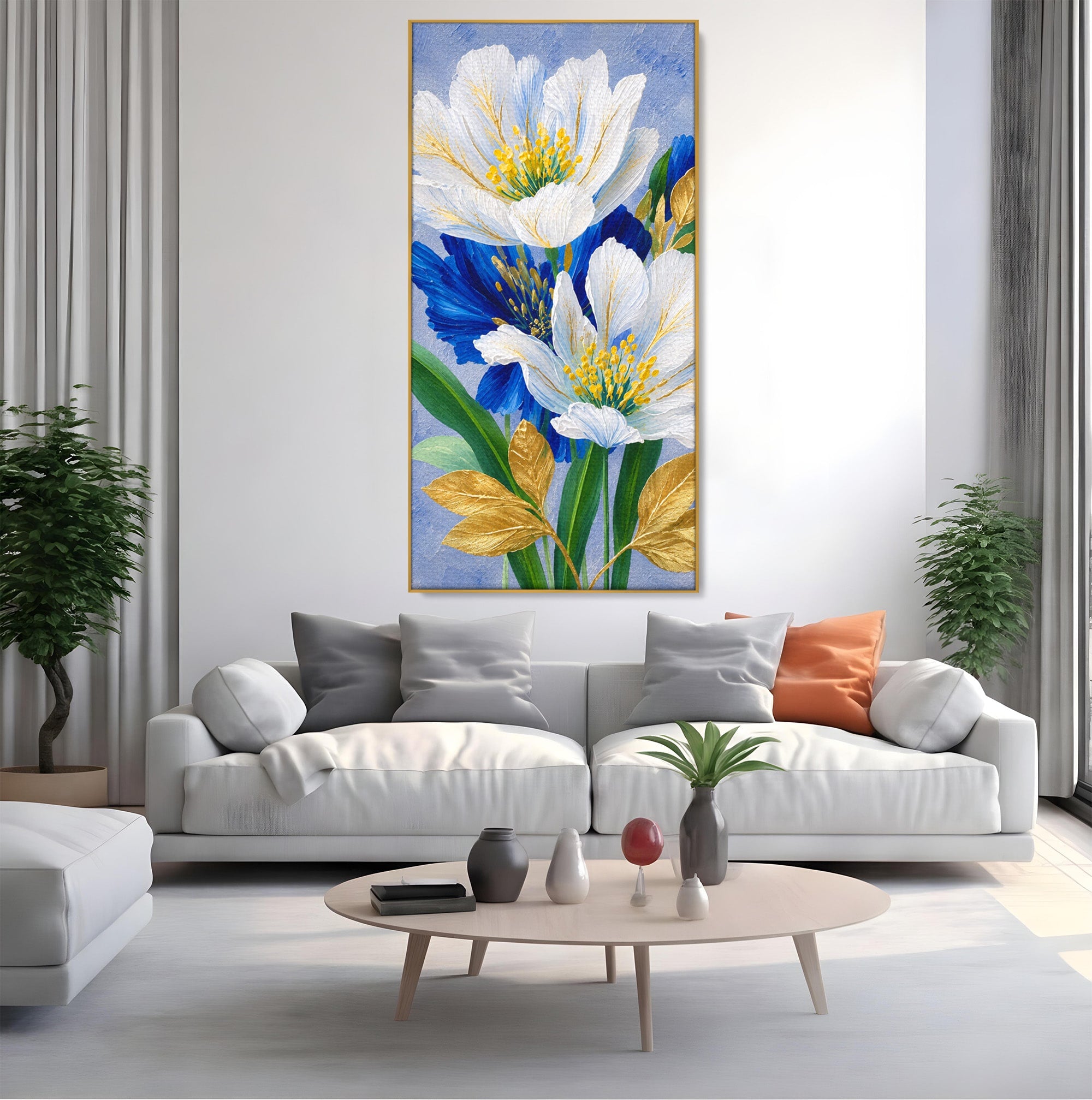 Tablou Canvas Premium LuxCanva® A1775, Flori Albe Si Albastre, Flori, Natura, Arta Botanica, Eleganta, Living, Dormitor, Culori Vibrante