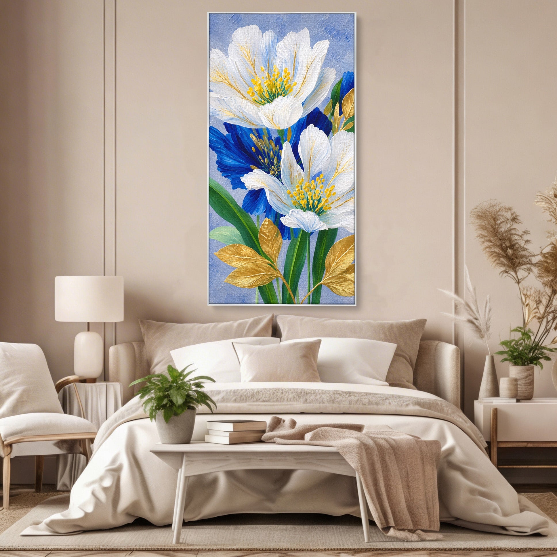 Tablou Canvas Premium LuxCanva® A1775, Flori Albe Si Albastre, Flori, Natura, Arta Botanica, Eleganta, Living, Dormitor, Culori Vibrante