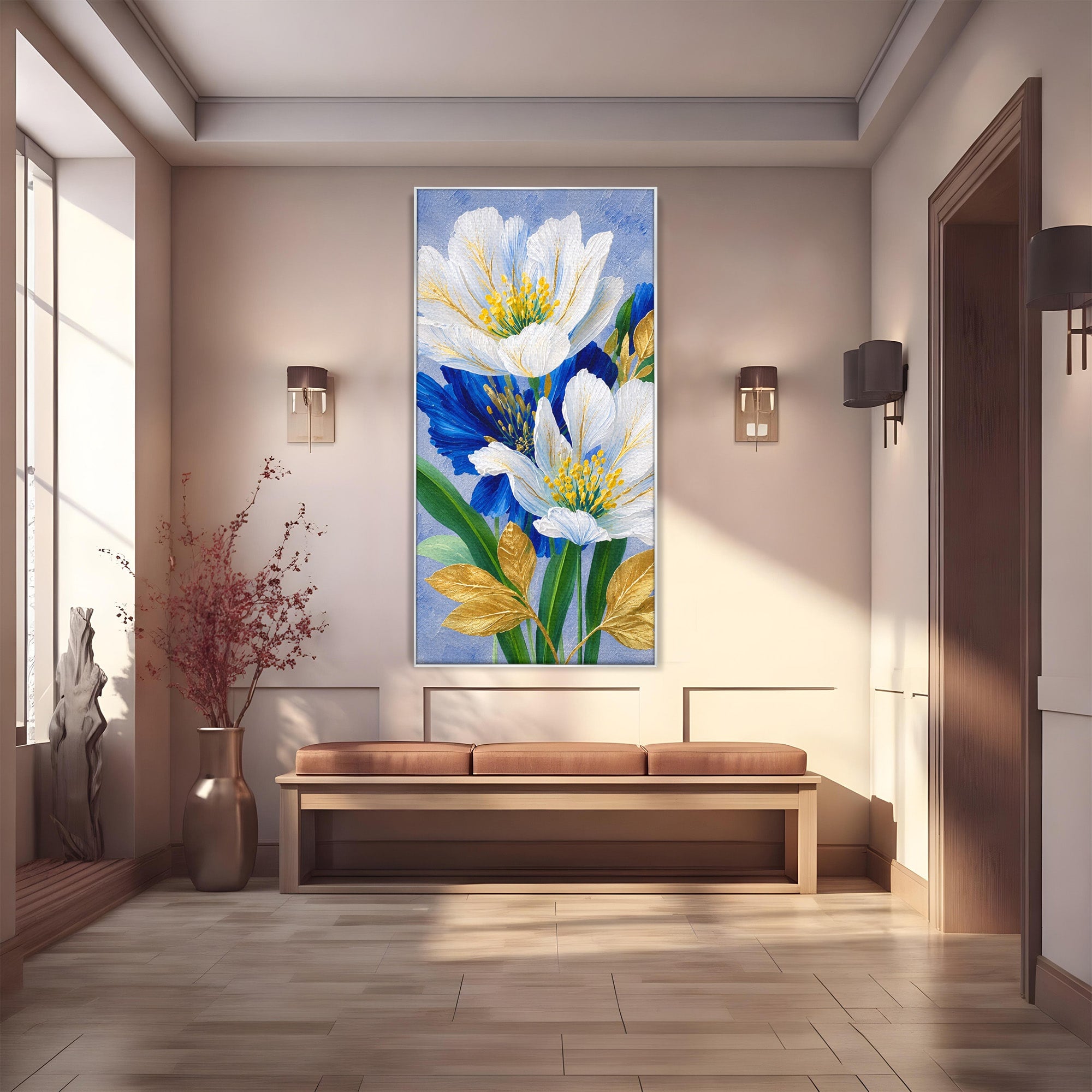 Tablou Canvas Premium LuxCanva® A1775, Flori Albe Si Albastre, Flori, Natura, Arta Botanica, Eleganta, Living, Dormitor, Culori Vibrante