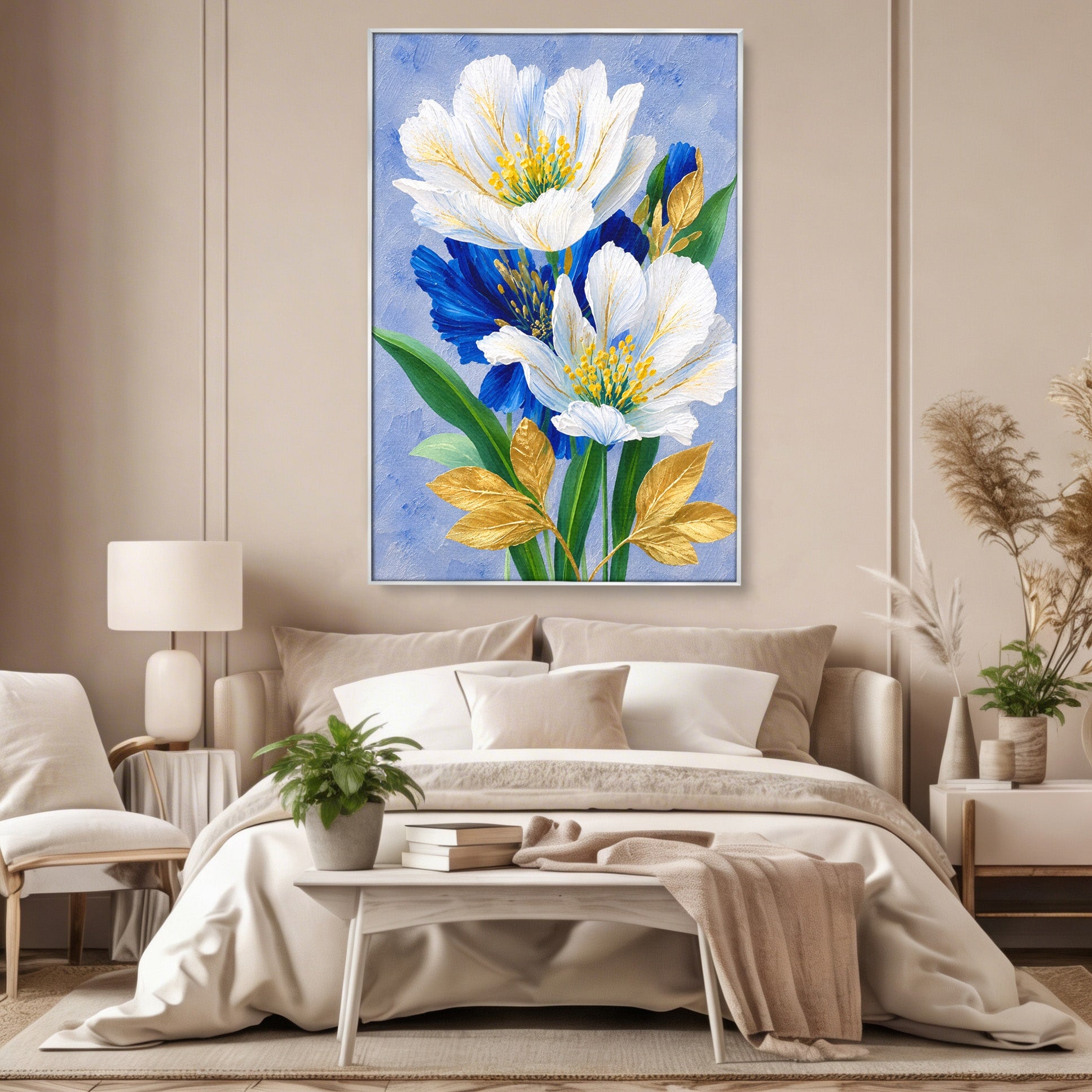 Tablou Canvas Premium LuxCanva® A1775, Flori Albe Si Albastre, Flori, Natura, Arta Botanica, Eleganta, Living, Dormitor, Culori Vibrante
