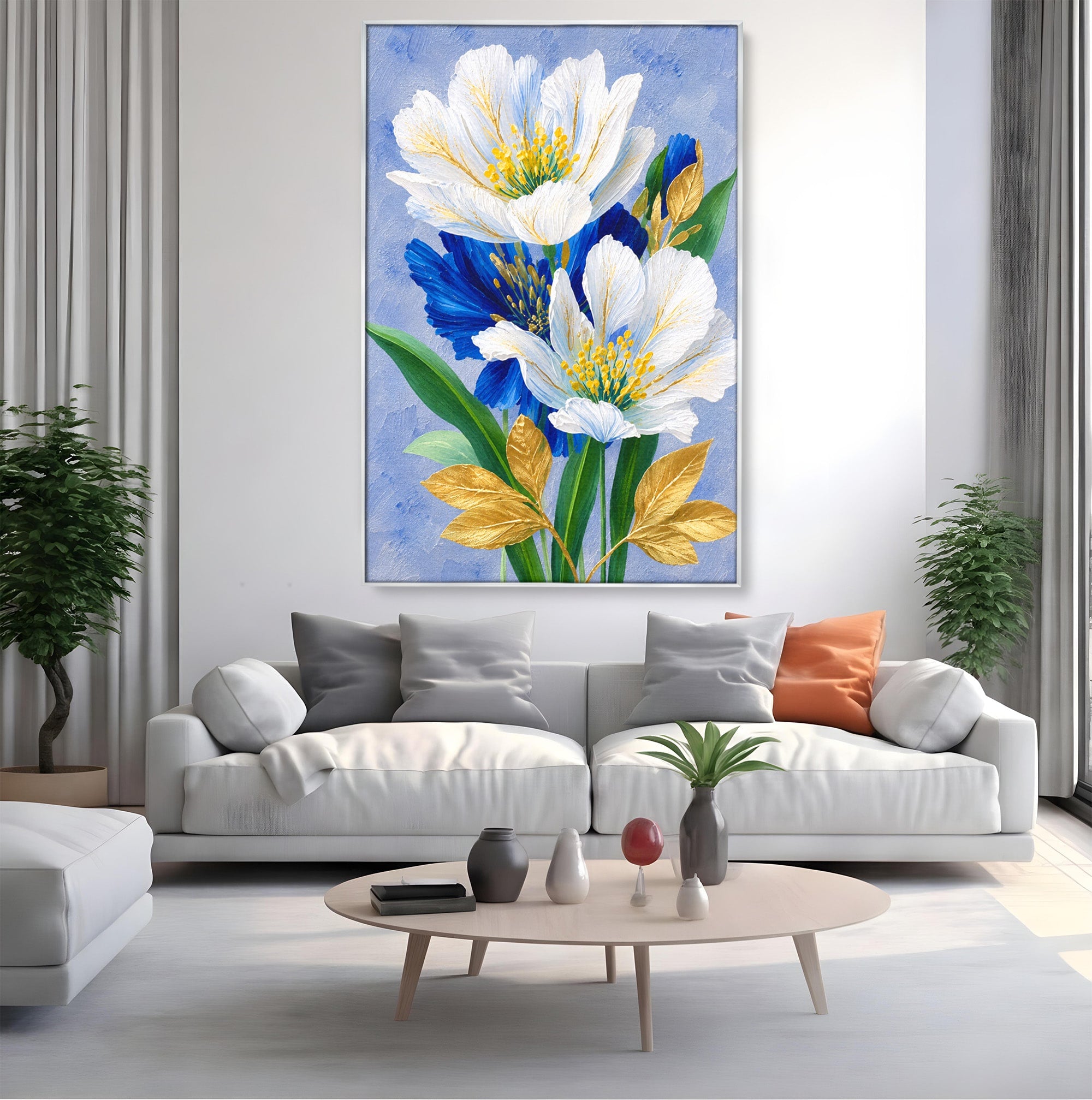 Tablou Canvas Premium LuxCanva® A1775, Flori Albe Si Albastre, Flori, Natura, Arta Botanica, Eleganta, Living, Dormitor, Culori Vibrante