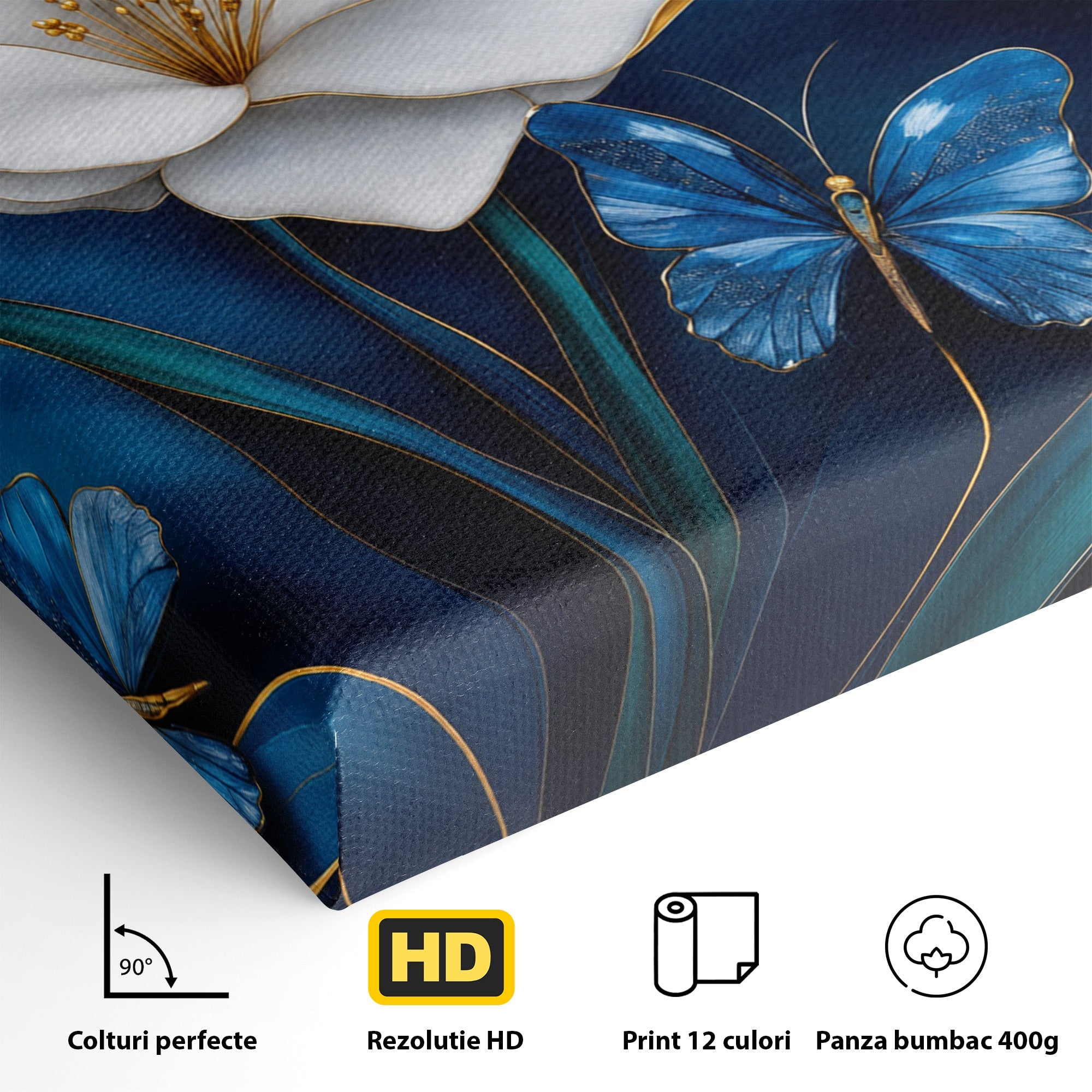 Tablou Canvas Premium LuxCanva® A1794, Flori Si Fluturi Albastri, Flori, Fluturi, Natura, Eleganta, Living, Culori Vibrante