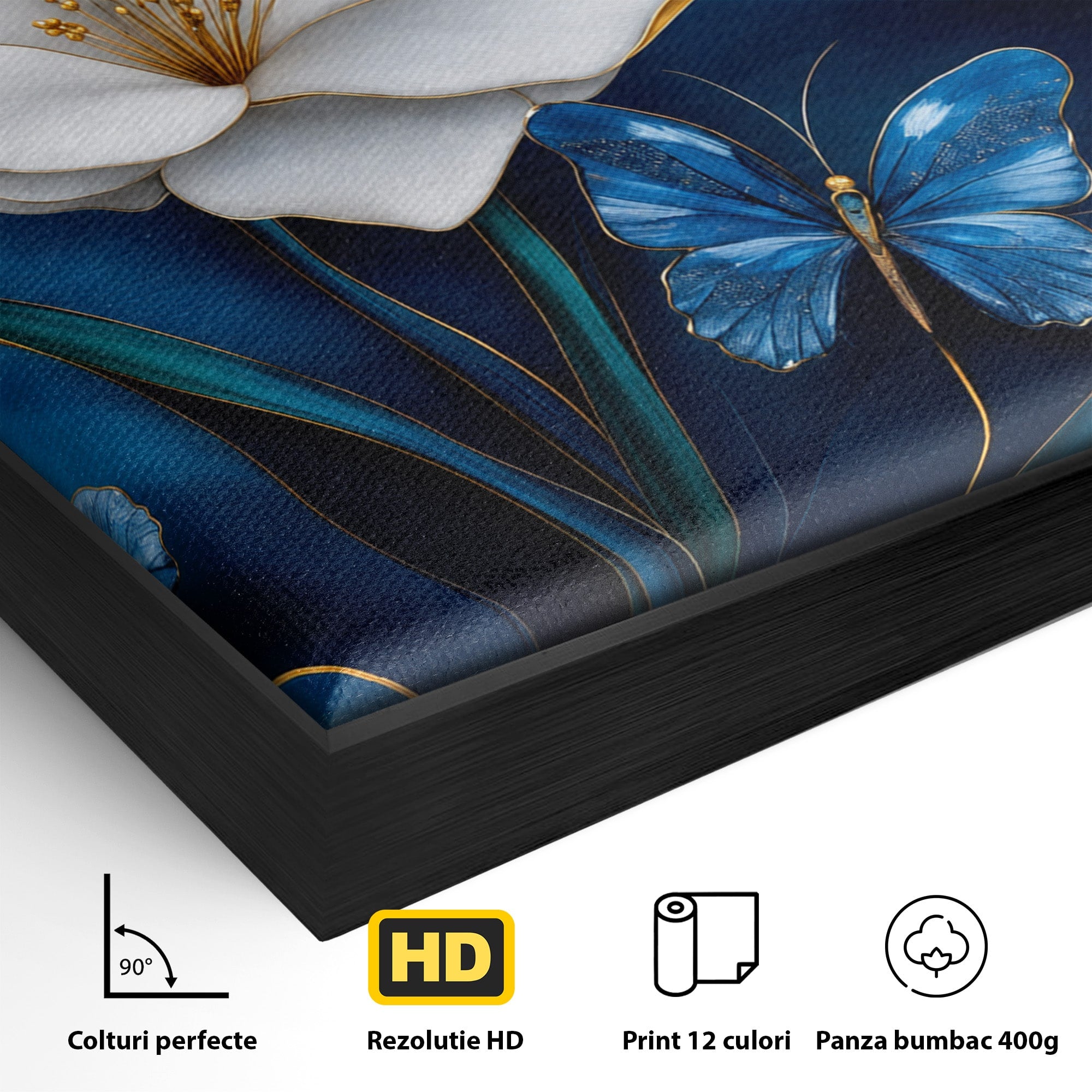 Tablou Canvas Premium LuxCanva® A1794, Flori Si Fluturi Albastri, Flori, Fluturi, Natura, Eleganta, Living, Culori Vibrante