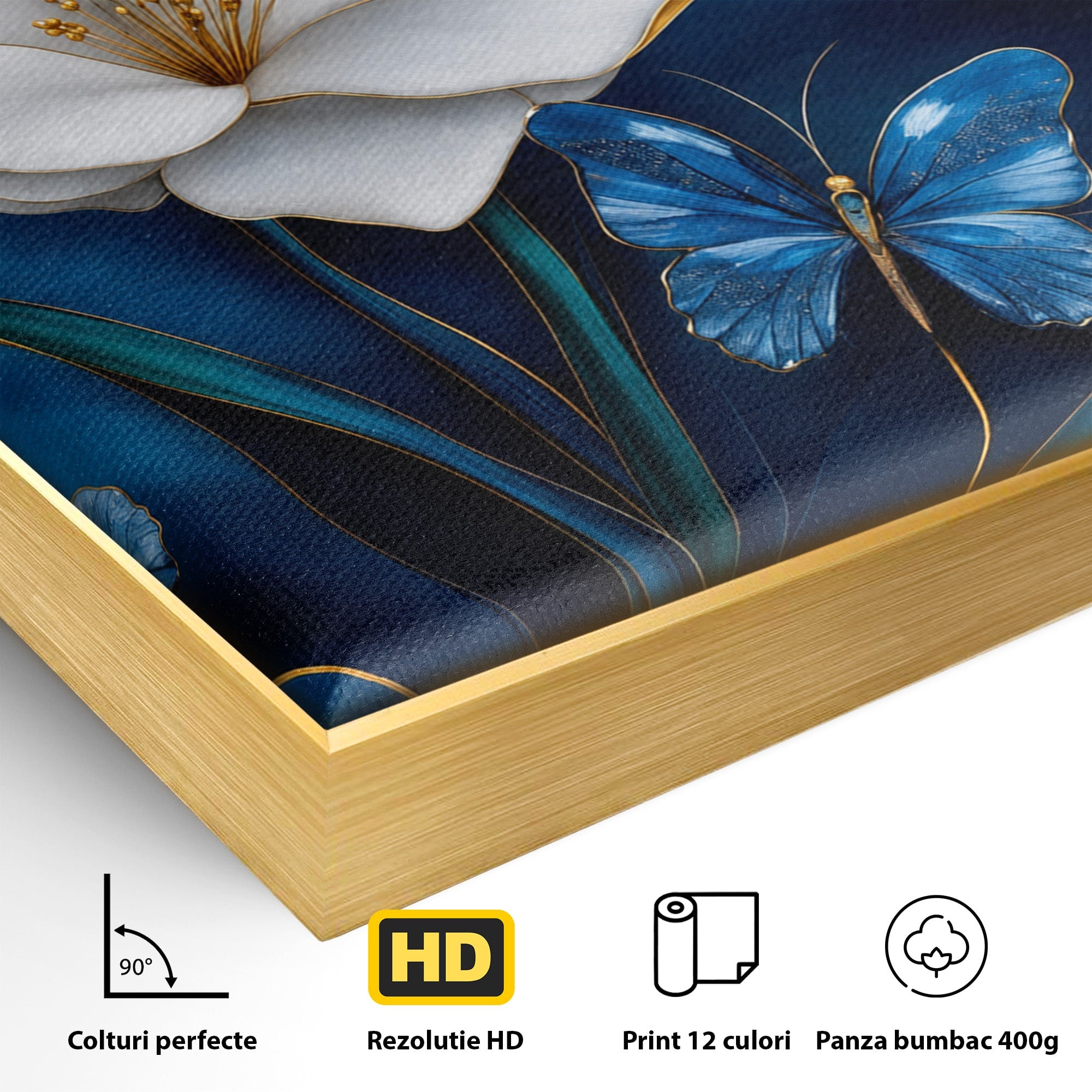 Tablou Canvas Premium LuxCanva® A1794, Flori Si Fluturi Albastri, Flori, Fluturi, Natura, Eleganta, Living, Culori Vibrante