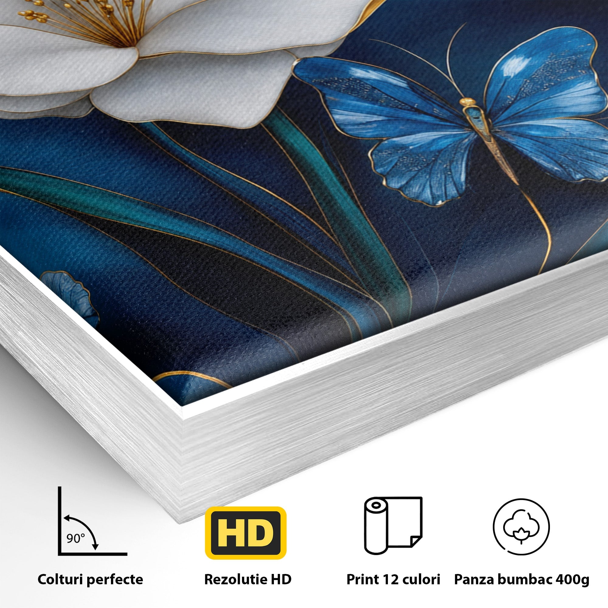 Tablou Canvas Premium LuxCanva® A1794, Flori Si Fluturi Albastri, Flori, Fluturi, Natura, Eleganta, Living, Culori Vibrante