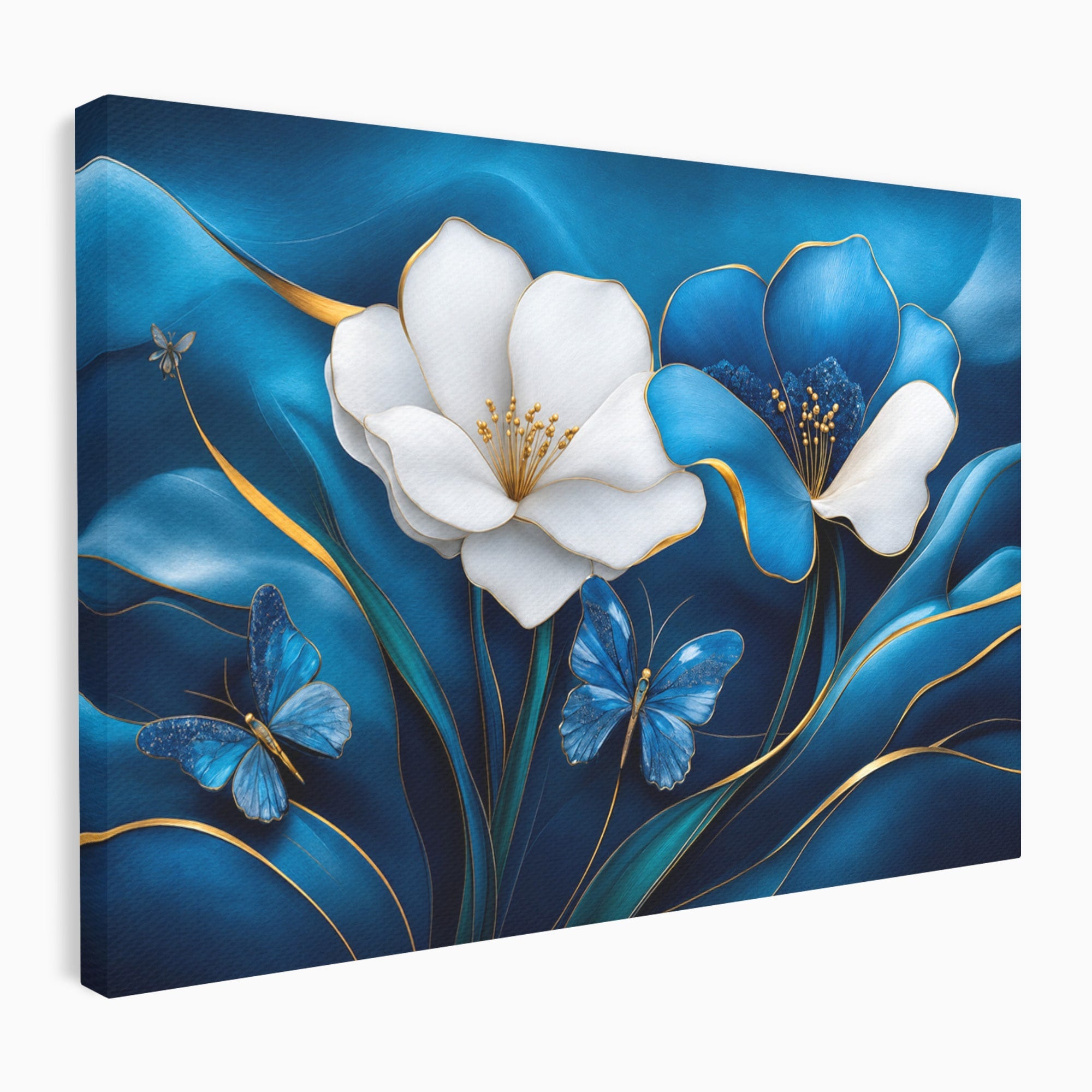Tablou Canvas Premium LuxCanva® A1794, Flori Si Fluturi Albastri, Flori, Fluturi, Natura, Eleganta, Living, Culori Vibrante