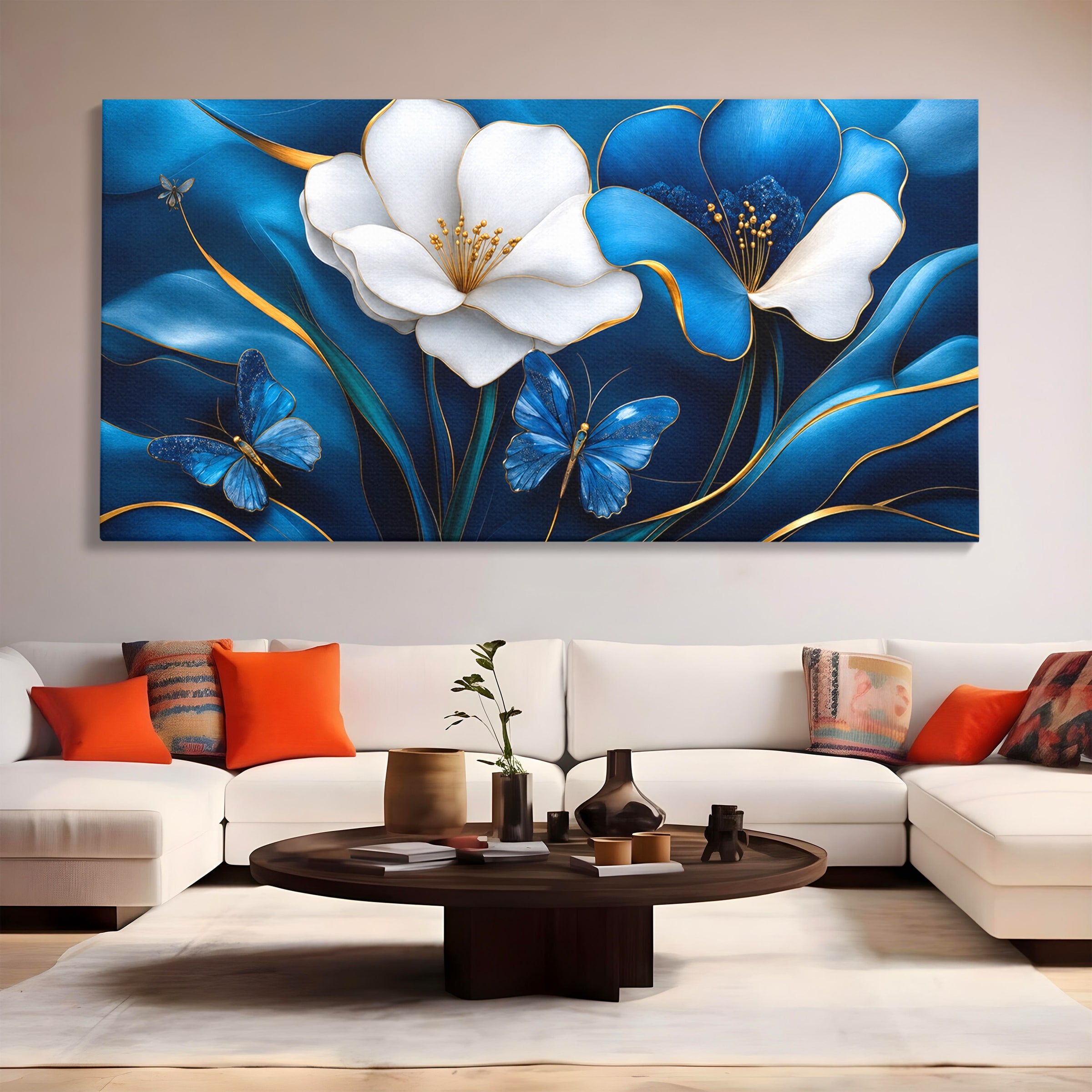 Tablou Canvas Premium LuxCanva® A1794, Flori Si Fluturi Albastri, Flori, Fluturi, Natura, Eleganta, Living, Culori Vibrante