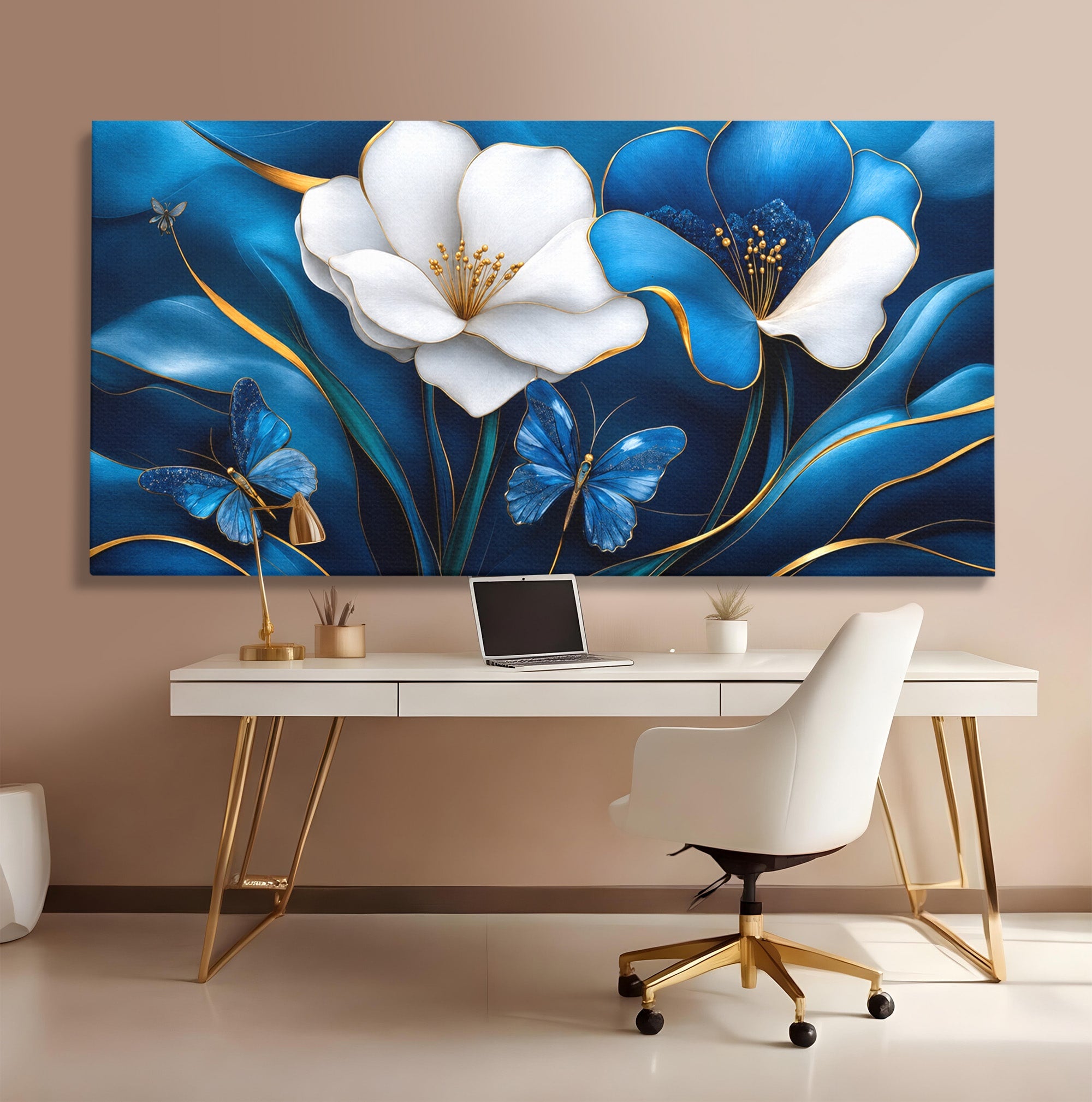 Tablou Canvas Premium LuxCanva® A1794, Flori Si Fluturi Albastri, Flori, Fluturi, Natura, Eleganta, Living, Culori Vibrante