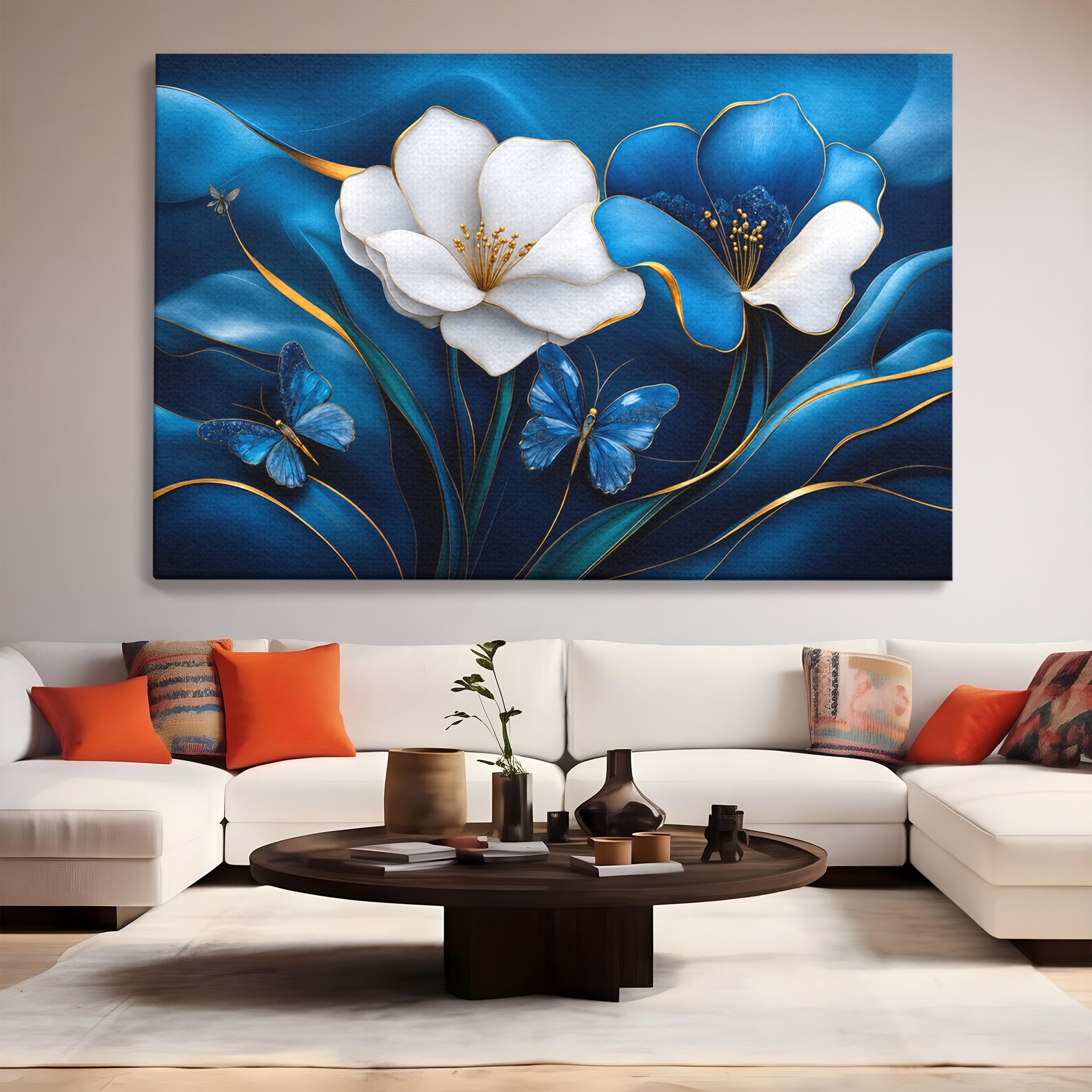 Tablou Canvas Premium LuxCanva® A1794, Flori Si Fluturi Albastri, Flori, Fluturi, Natura, Eleganta, Living, Culori Vibrante