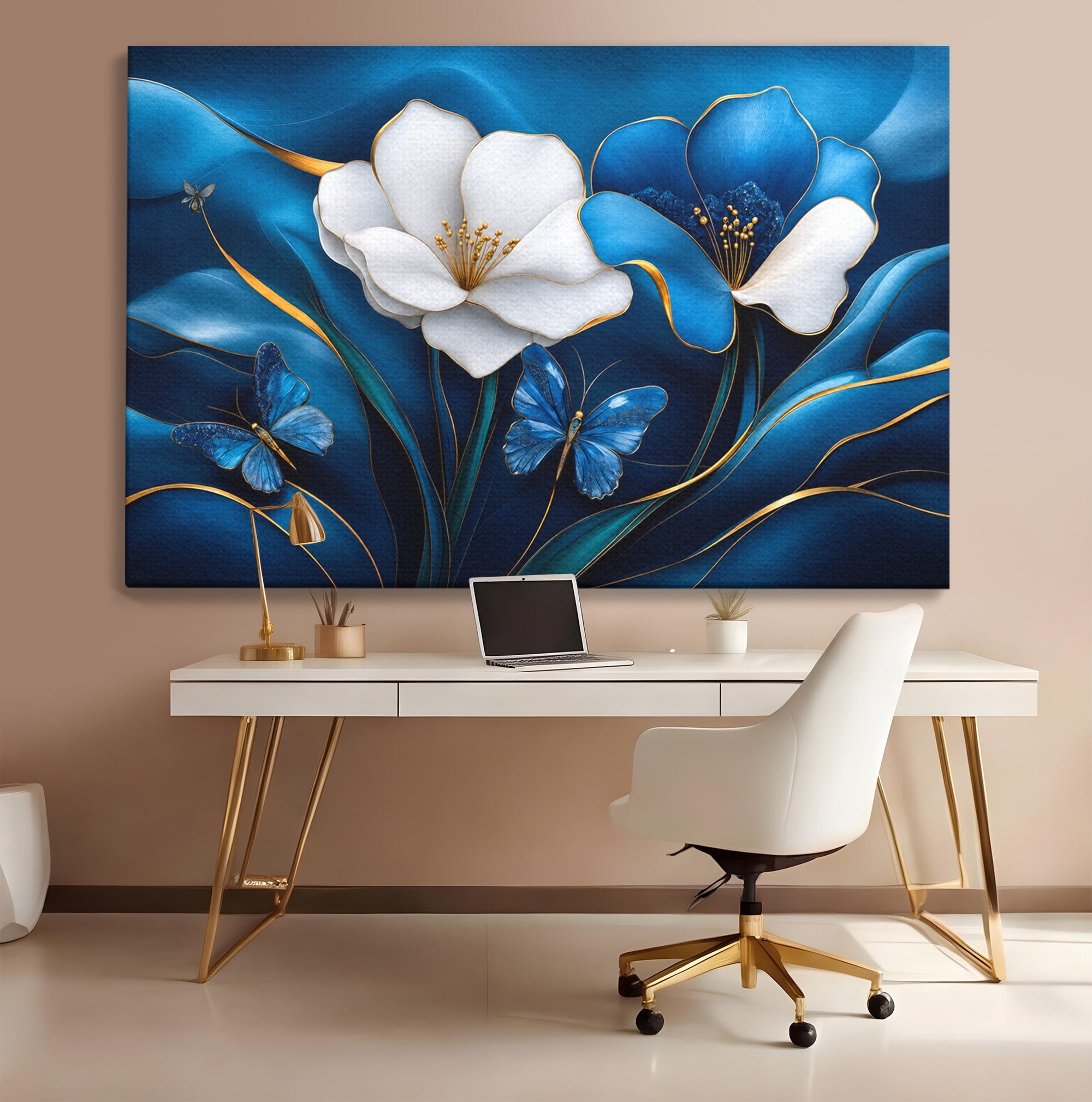 Tablou Canvas Premium LuxCanva® A1794, Flori Si Fluturi Albastri, Flori, Fluturi, Natura, Eleganta, Living, Culori Vibrante