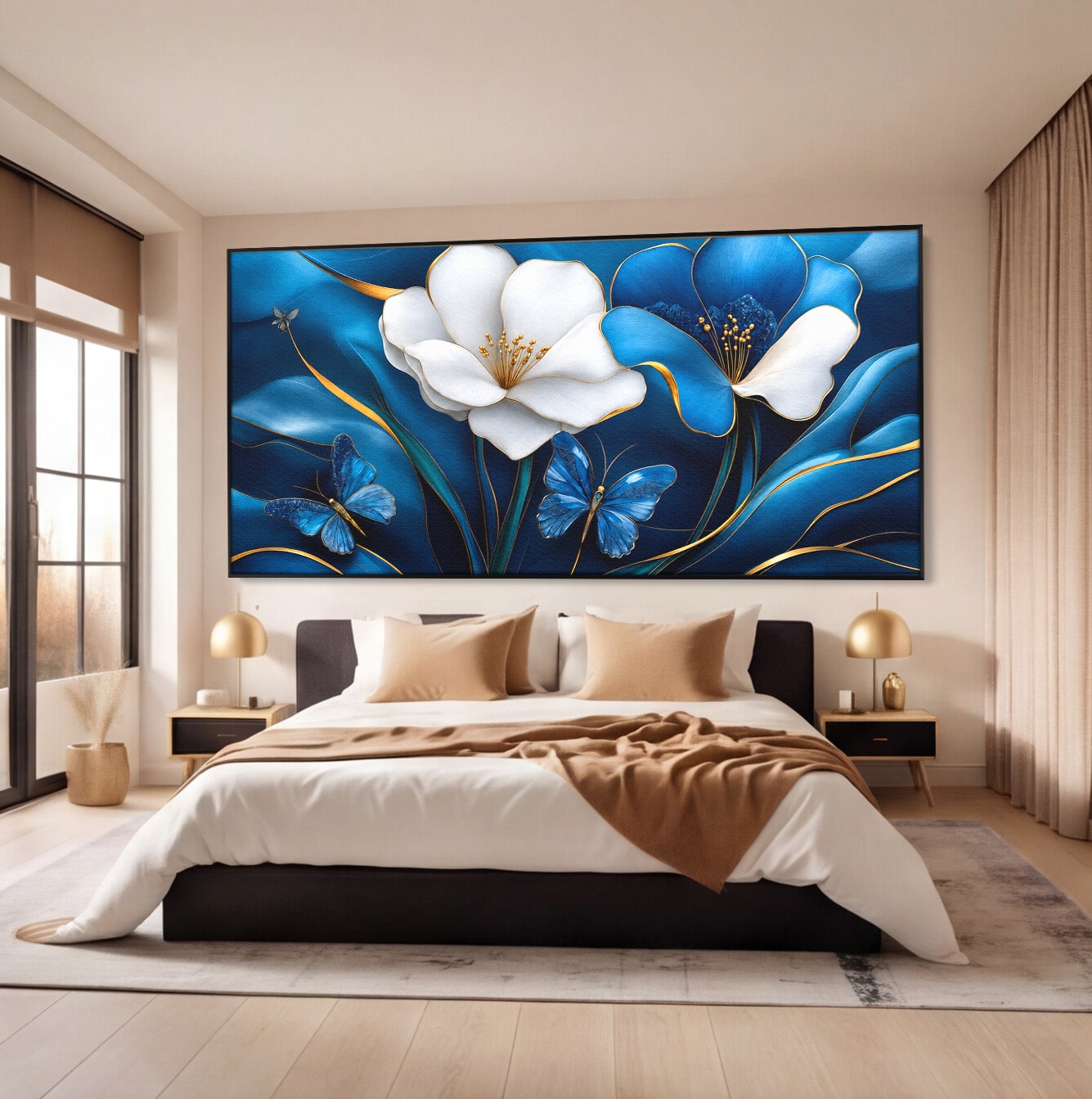 Tablou Canvas Premium LuxCanva® A1794, Flori Si Fluturi Albastri, Flori, Fluturi, Natura, Eleganta, Living, Culori Vibrante