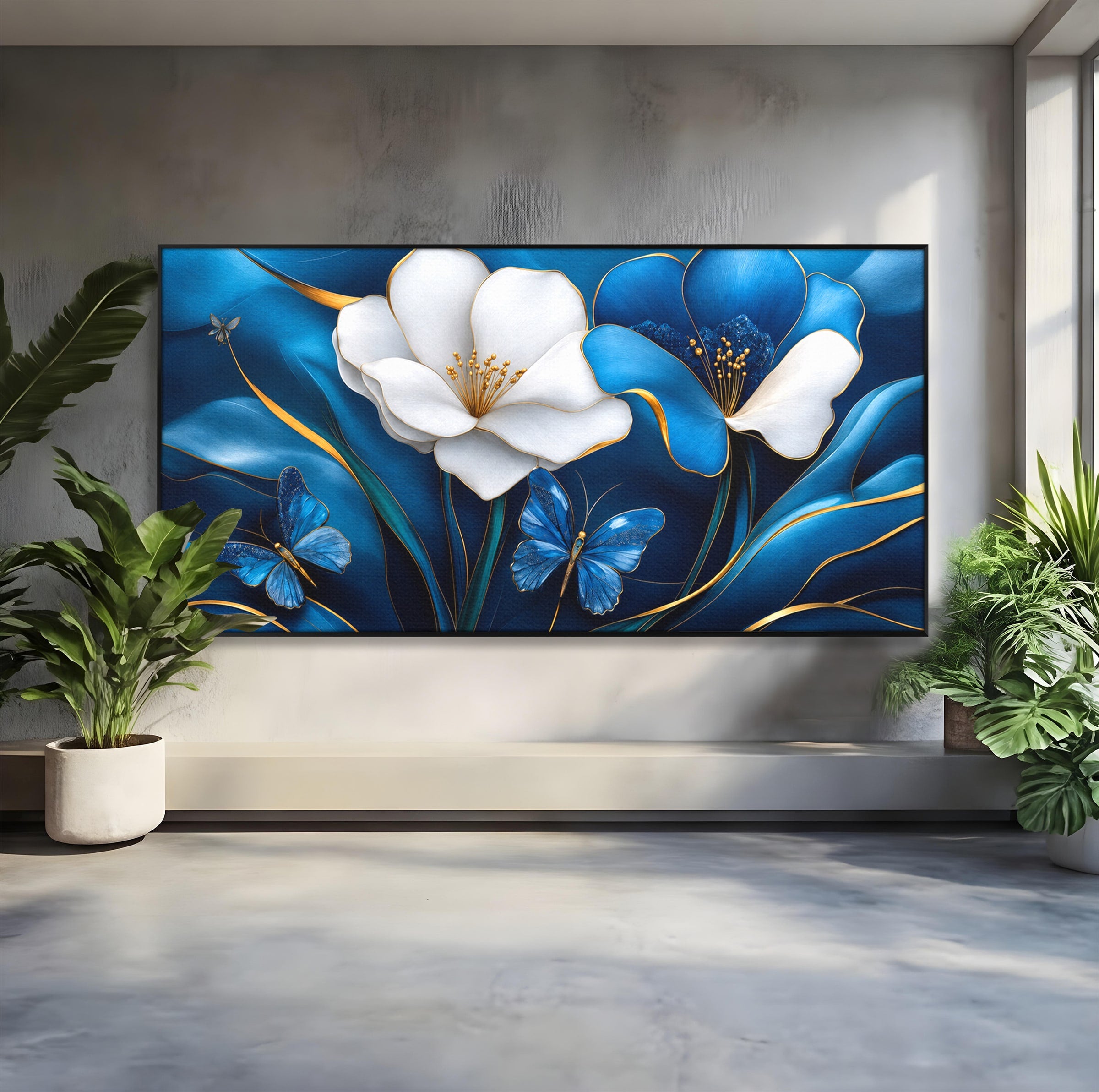 Tablou Canvas Premium LuxCanva® A1794, Flori Si Fluturi Albastri, Flori, Fluturi, Natura, Eleganta, Living, Culori Vibrante